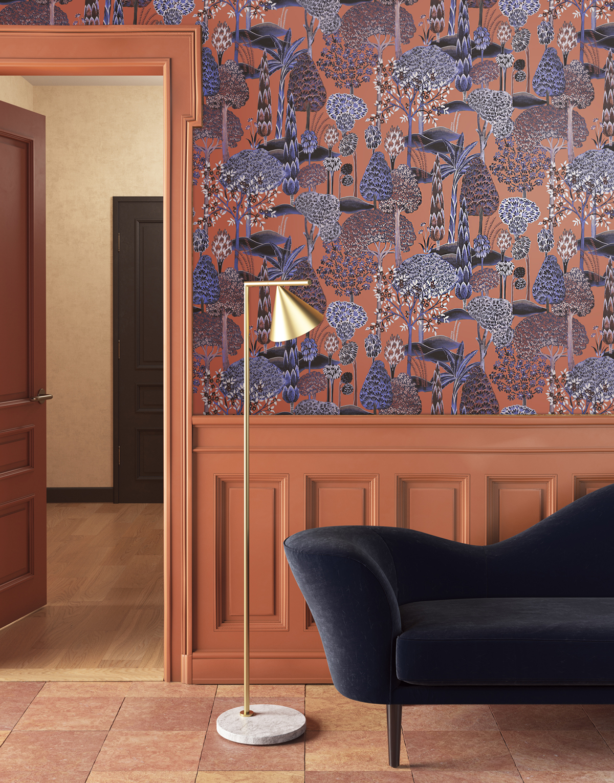 Papier peint Forêt Exotique Viray terracotta violet métallisé - Summer de Masureel | Réf. MAS-SUM005