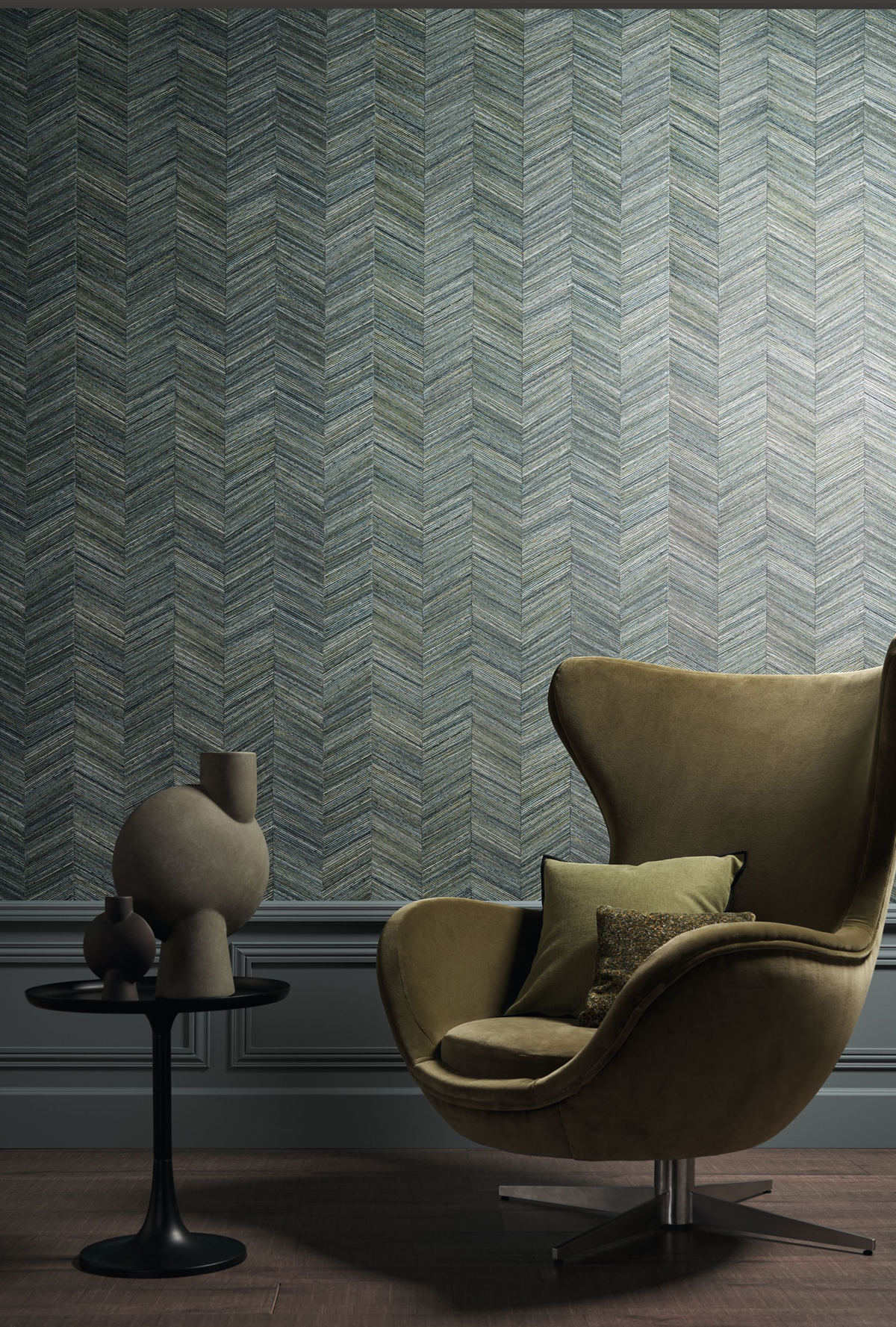 Papier peint Chevron Bois Ocotea vert impérial - Végétal de Casamance | Réf. CAS-75371426