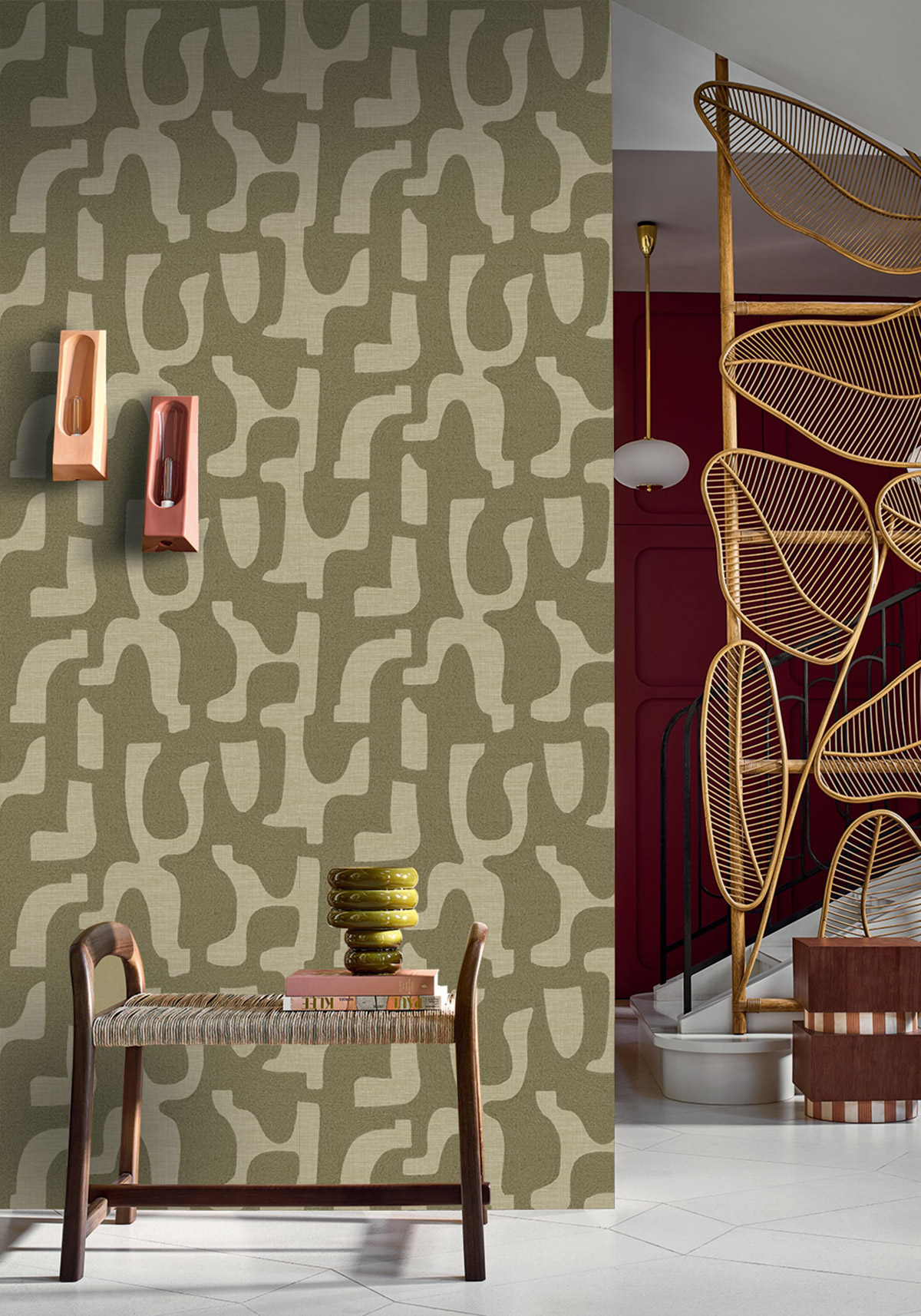 Papier peint Graphique Seran vert tilleul - Le Lin 3 de Casamance | Réf. CAS-76560406