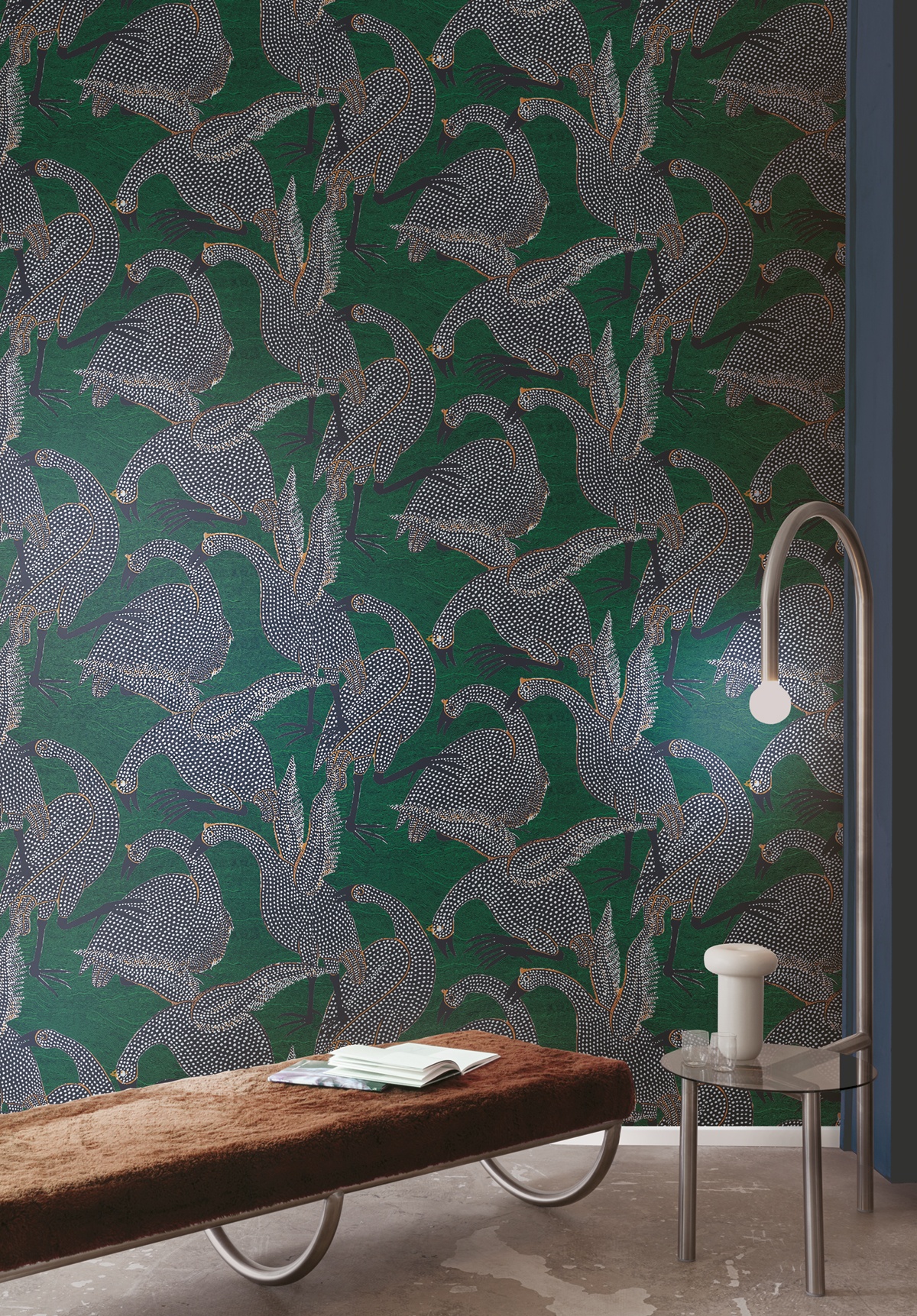 Papier peint Oiseau Pintade Guinea émeraude métallisé - Terra de Masureel | Réf. MAS-TER101