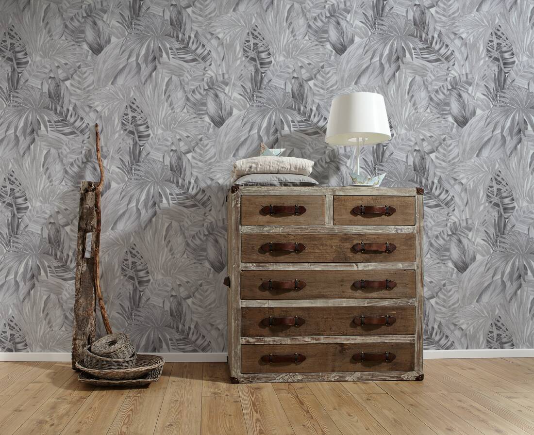 Papier peint tropical Feuilles gris - Greenery d'AS Création | Réf. SP15012