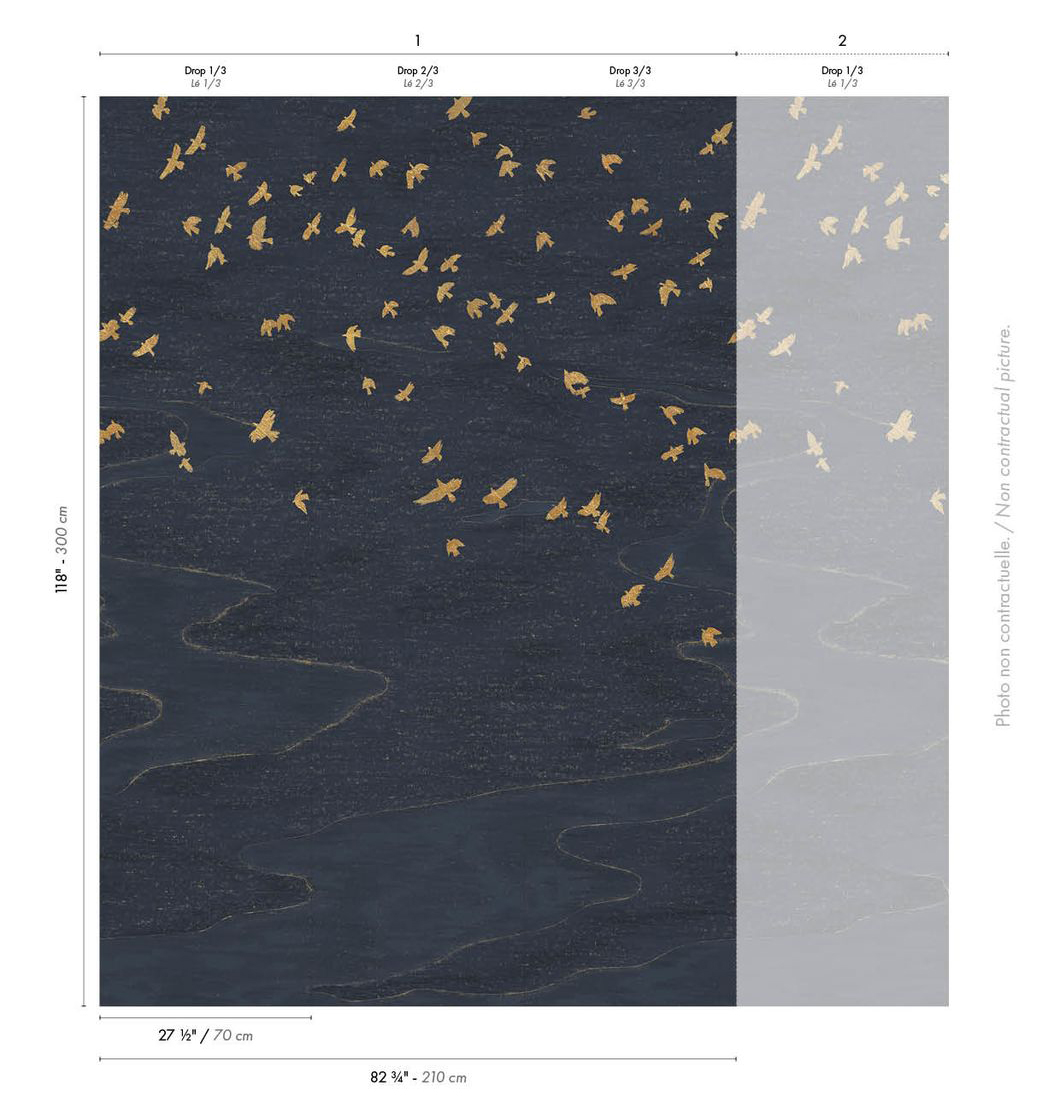 Papier peint panoramique Oiseau Migration bleu marine doré - Panoramas 4 de Casamance AMBR | Réf. CAS-76730610