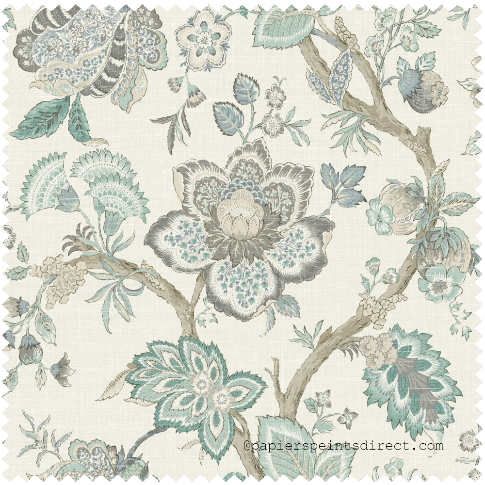 Tissu Fleur Bernadette Ramage Botanique vert d'eau gris - French Country d'Initiales | Réf. INI-FC62608F