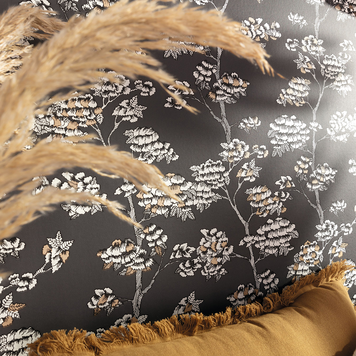 Papier peint Arbre Jardin de Kyoto anthracite - Nos Gravures de Casélio | Réf. NGR102999062