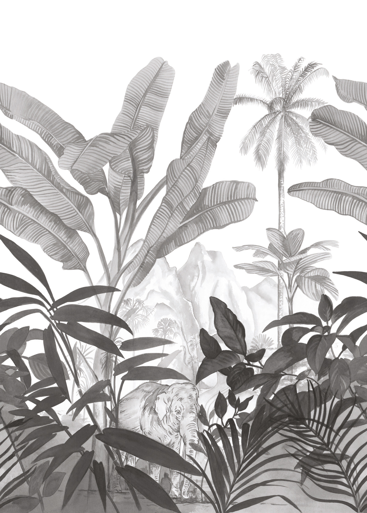 Papier peint panoramique Jungle Elephant Hathi noir et blanc - Moonlight de Casélio | Réf. MLG101289008