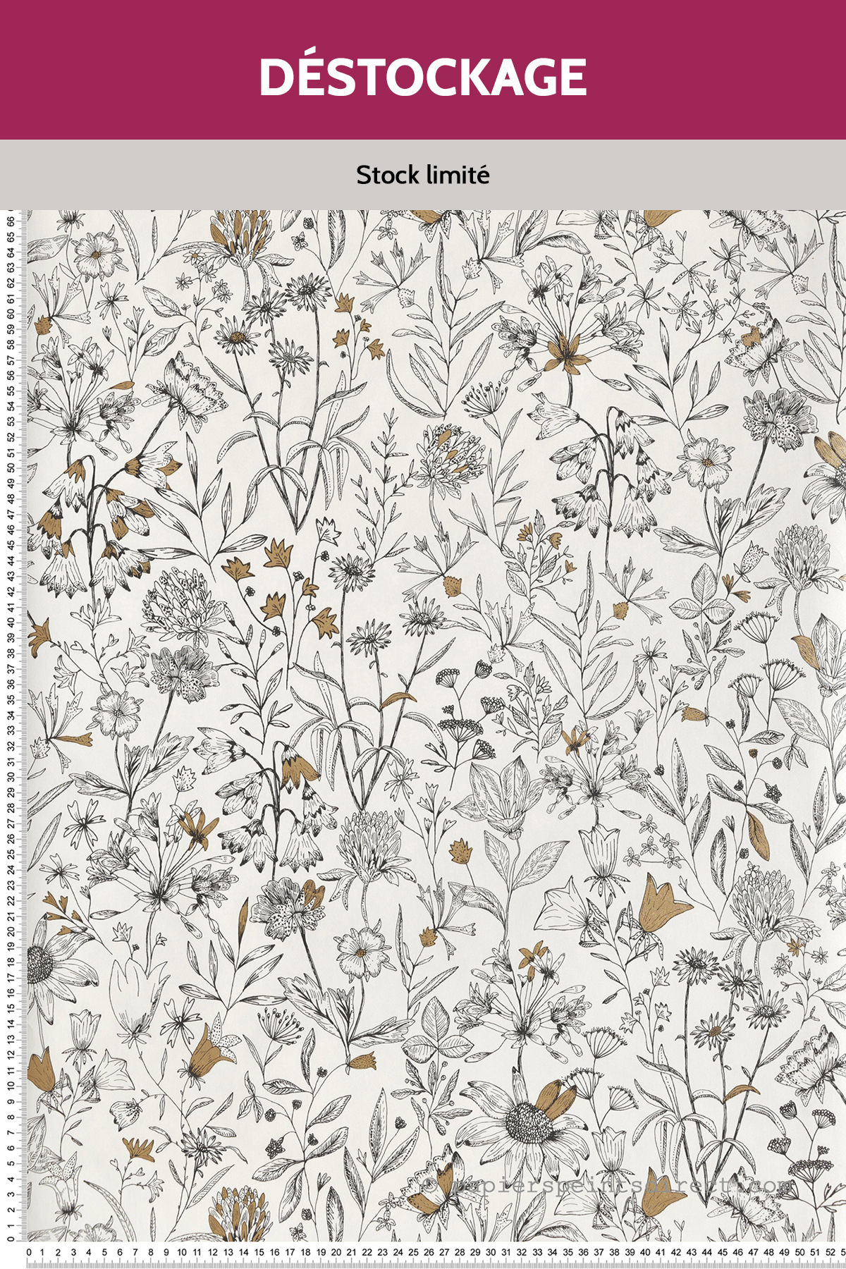 Papier peint Destockage - Fleur Jardin de Giverny noir et blanc or - Nos Gravures de Casélio