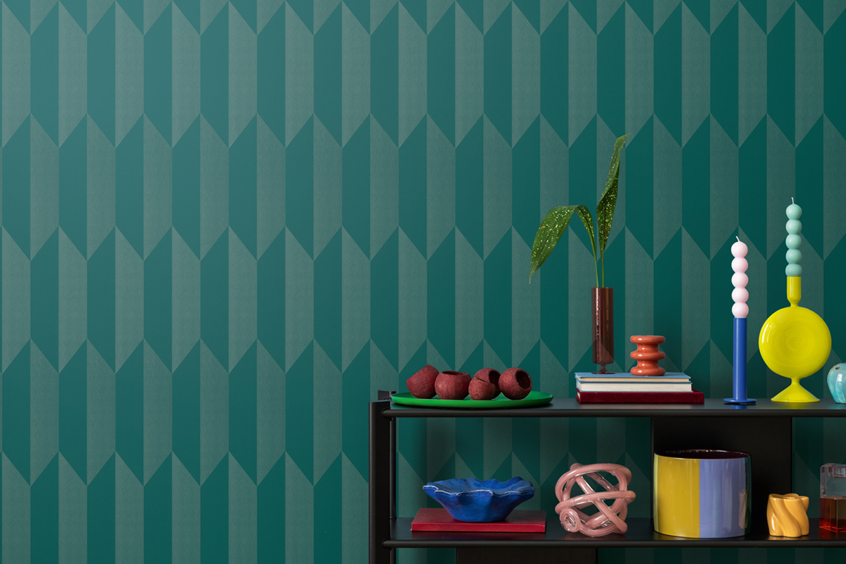 Papier peint Damier Graphique Groove émeraude métallisé - Cosmoliving d'A.S. Création | Réf. AS-790867