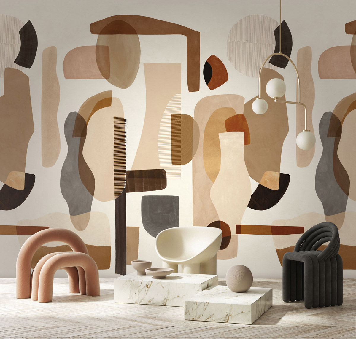 Papier peint panoramique Forme Graphique Audria grège camel - Panoramas 3 de Casamance | Réf. CAS-76350100