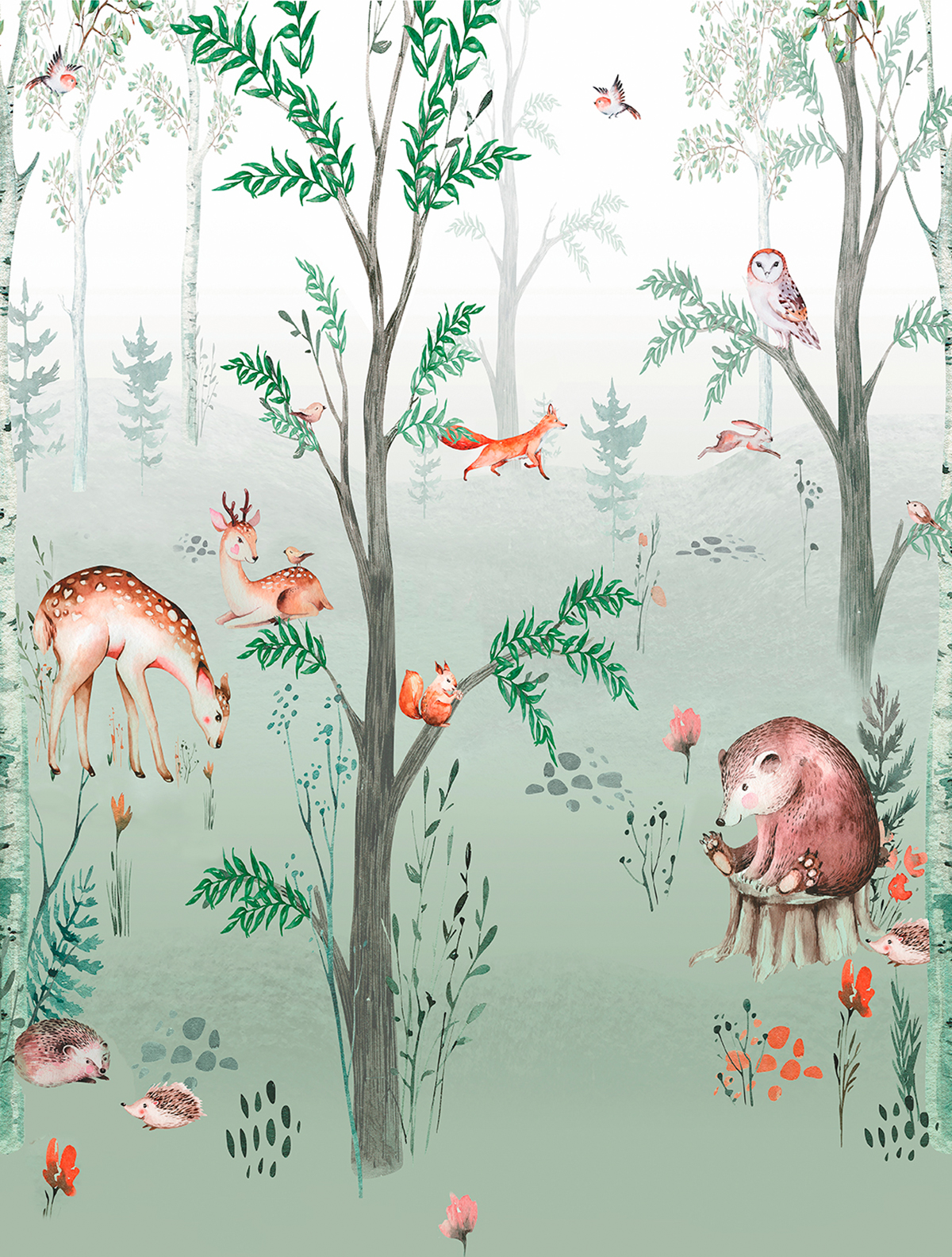 Papier peint panoramique Biche Forest Friends vert - Farandole de Lutèce | Réf. LTC-CW6041-1