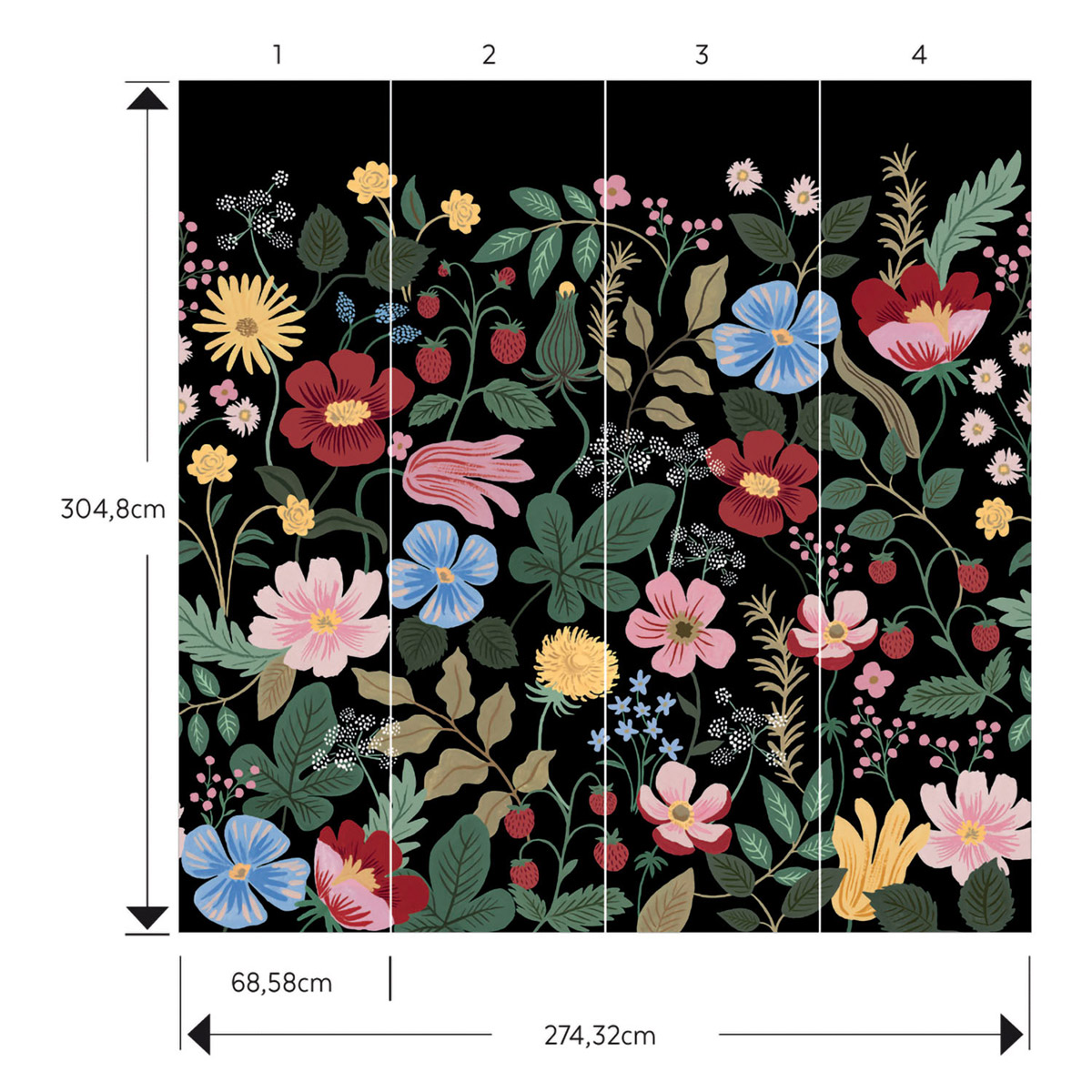 Papier peint panoramique adhésif Strawberry Fields noir - Rifle Paper Co. 3 de York (Initiales) amb2| Réf. INI-PSW1333M