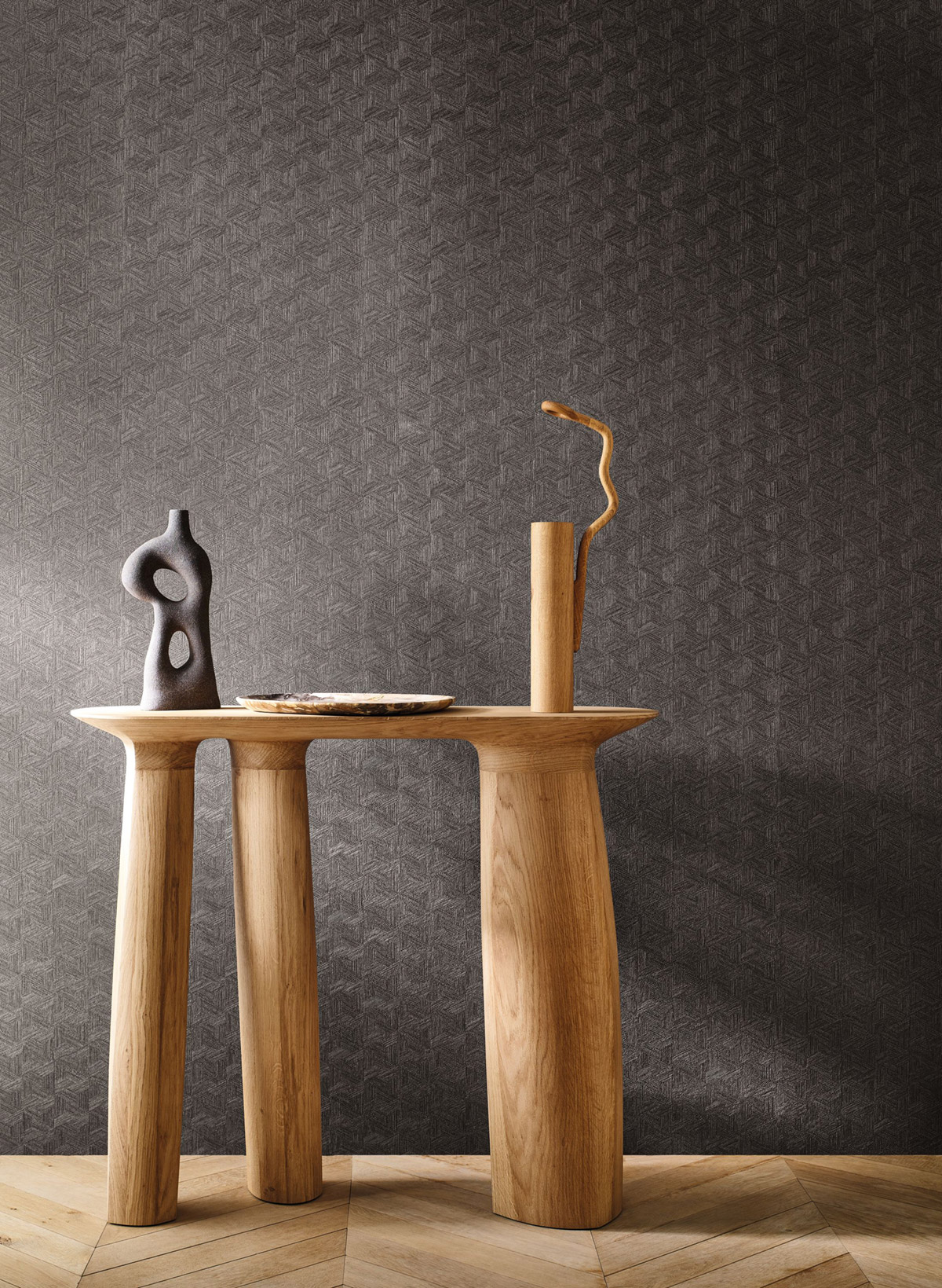 Papier peint Marqueterie Lindu noir brun - Nature Précieuse de Casamance | Réf. CAS-76480814