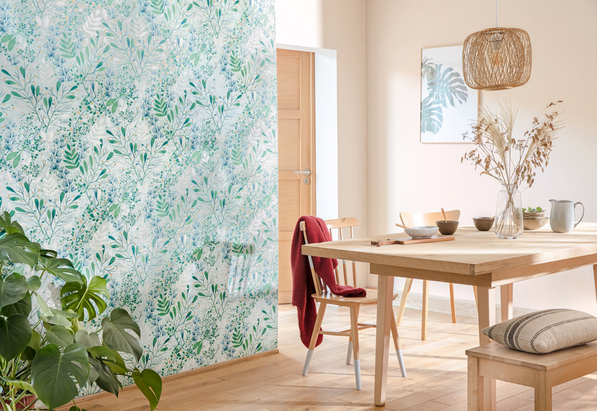 Papier peint feuilles Joy Vert/Bleu givré/Doré  - Green Life de Casélio | Réf. GNL101697672