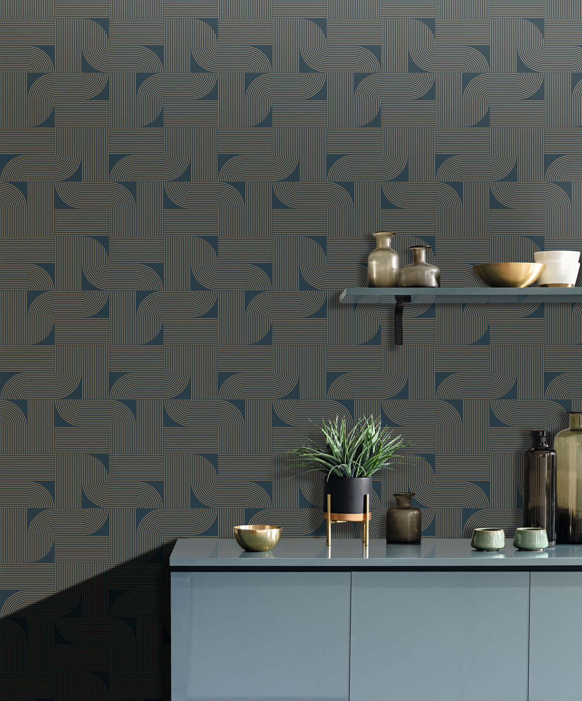 Papier peint Graphique Softness bleu pétrole cuivré - Light de Casélio | Réf. LIG106576040