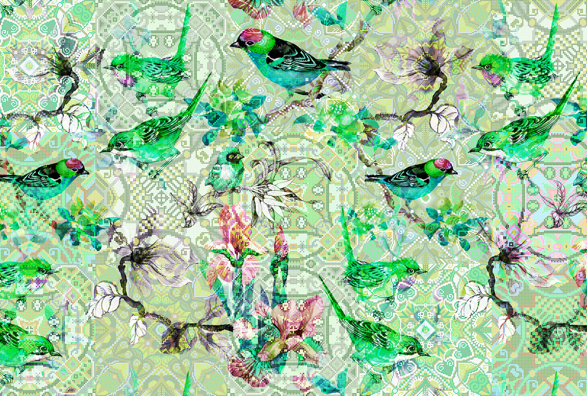 Papier peint panoramique Oiseau Mosaic Birds 1 - Référence DD110246 - Intissé 200g/m2 - Standard 400 x 270