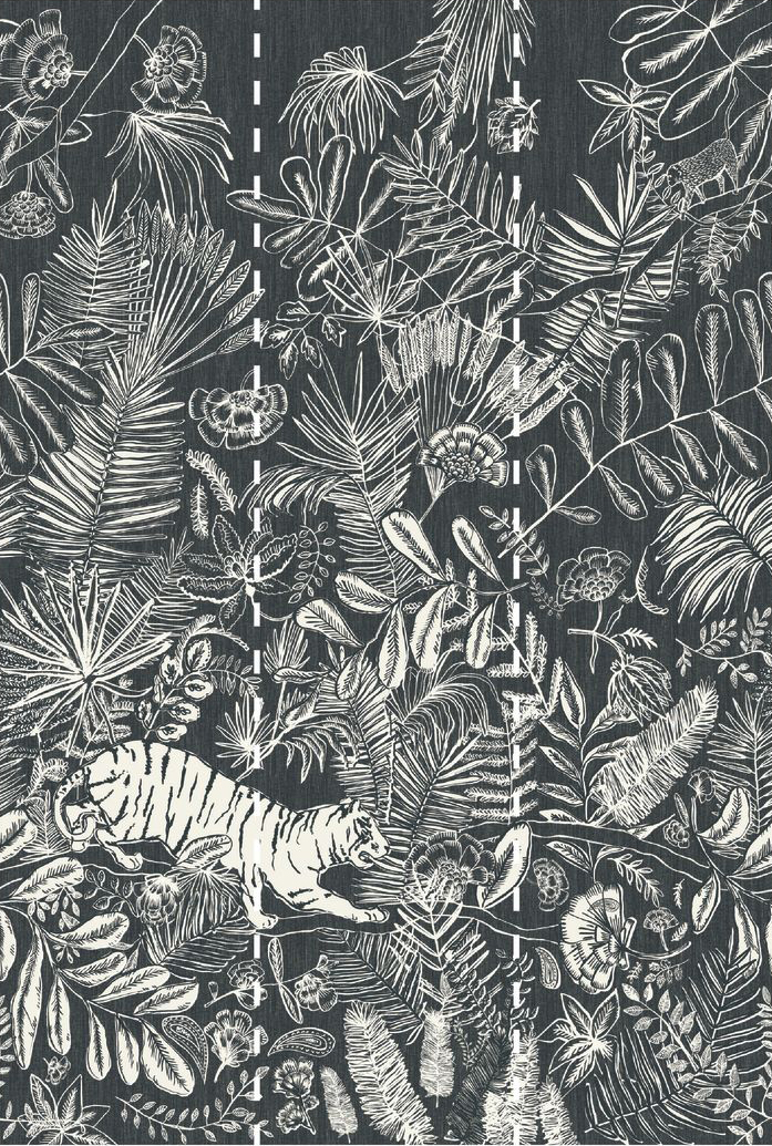 Papier peint panoramique jungle Tigre Pashu bleu/vert - Ceylan de Casamance | Réf. CAS-74543684