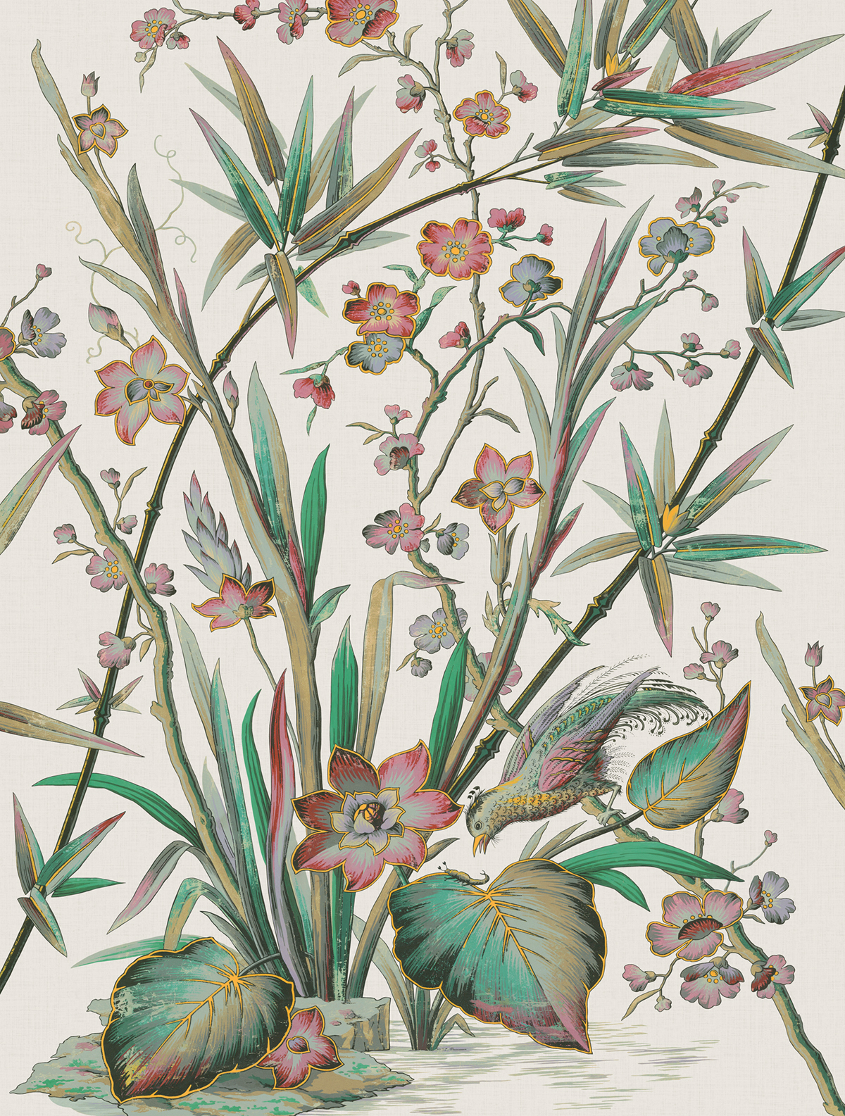 Papier peint panoramique Jardin Fleuri Alice vert rose - Villa Rosalie de Lutèce | Réf. LTC-56220110