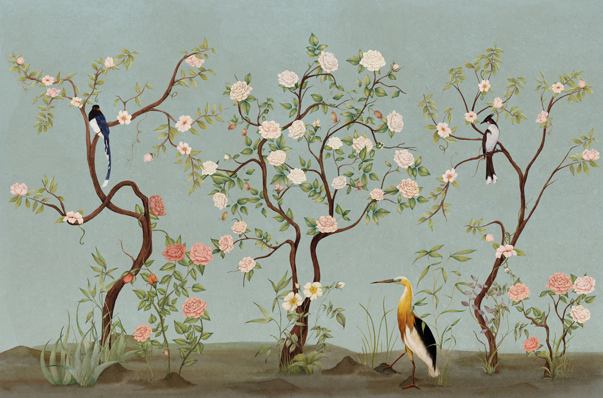 Papier peint panoramique Oiseau Classique Kaori bleu - Panorama 2 de Lutèce | Réf. LTC-PAN1553C