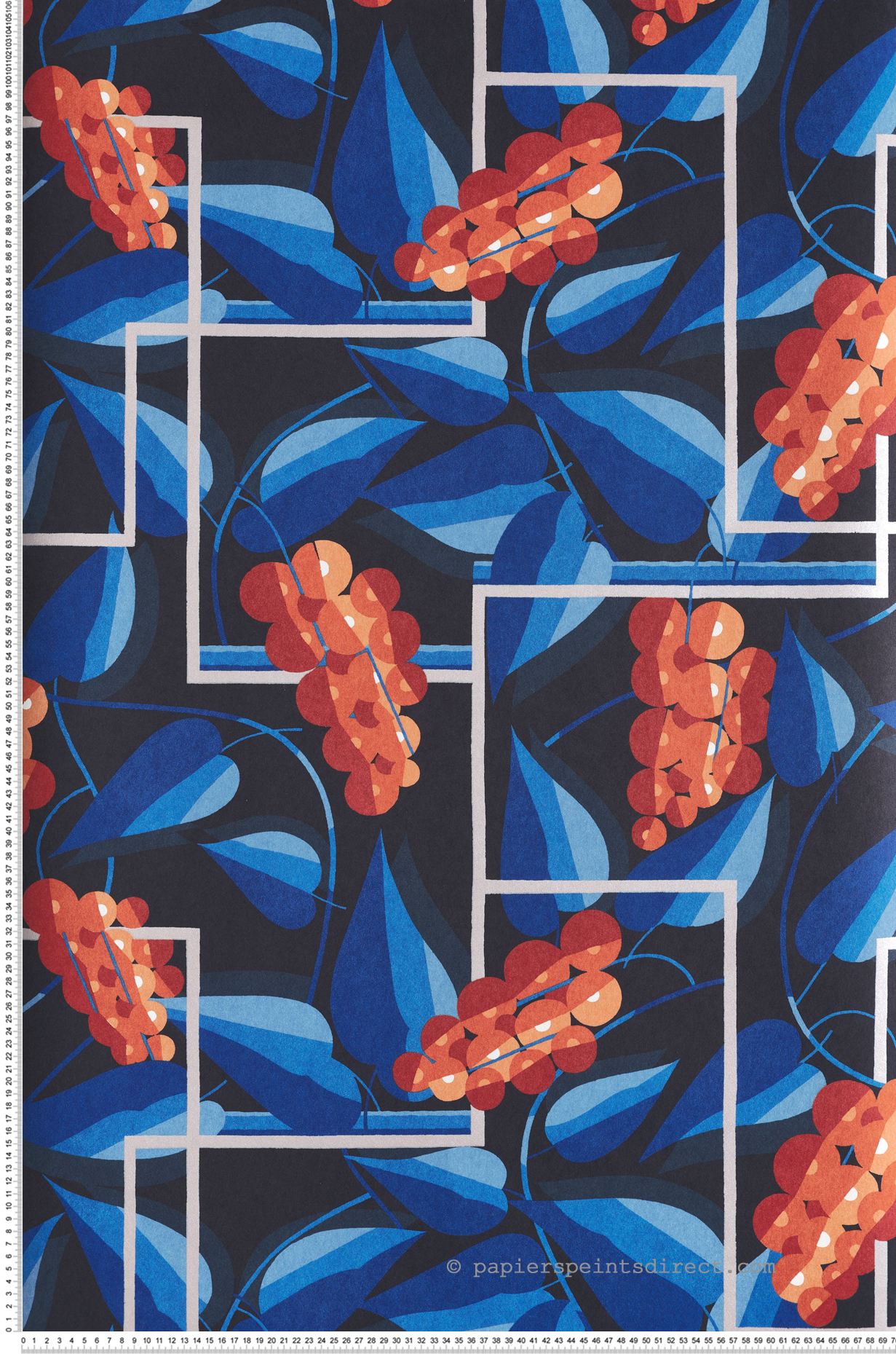 Papier peint Raisin Graphique Henry bleu terracotta - Folies de Masureel | Réf. MAS-FOL302