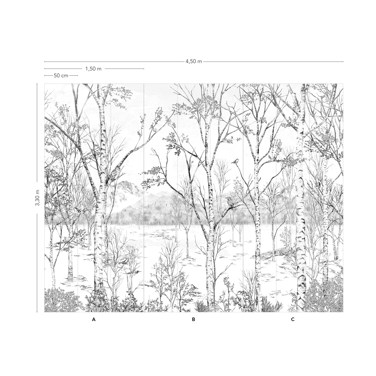 Papier peint panoramique Forêt Nunavut Grisaille A+B+C - 1/2/3/4/5/6/7/8/9 - Isidore Leroy