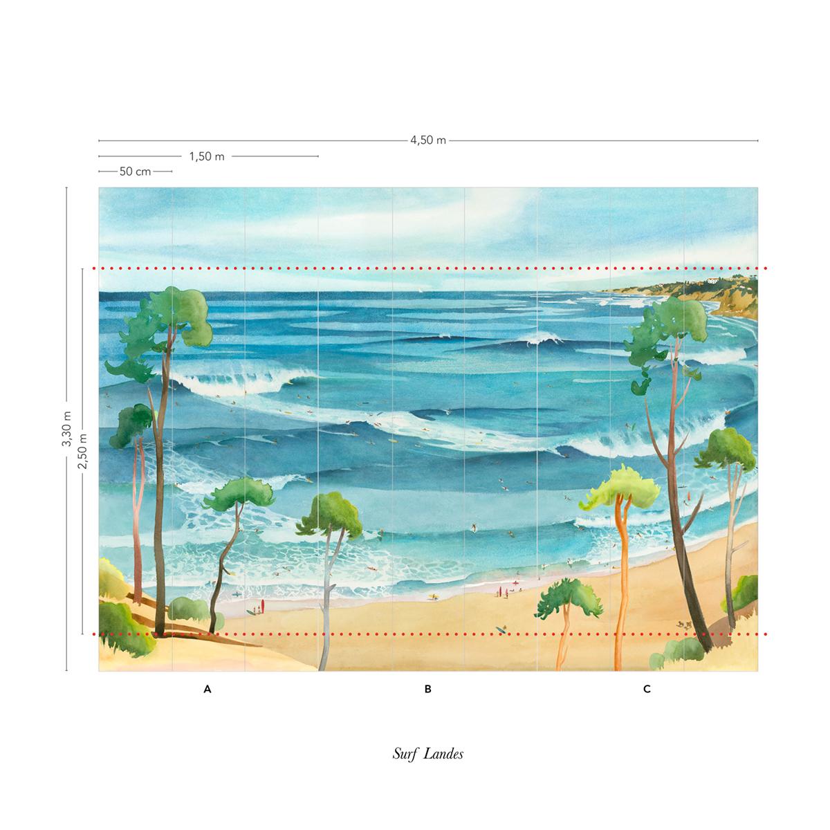 Papier peint panoramique Surf Landes A+B+C - 1/2/3/4/5/6/7/8/9 - Isidore Leroy