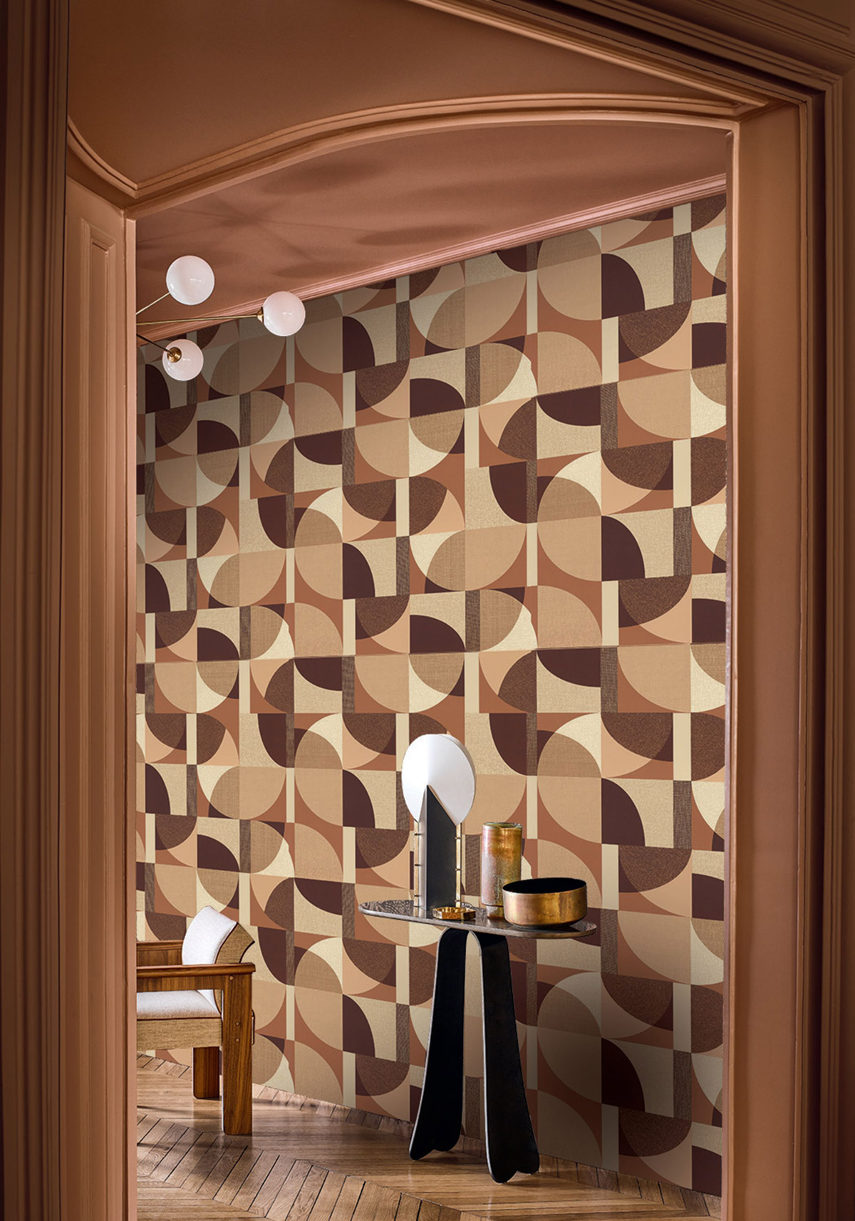 Papier peint Géométrie Barillet terracotta doré - Faubourg des Lumières de Casamance | Réf. CAS-76261018