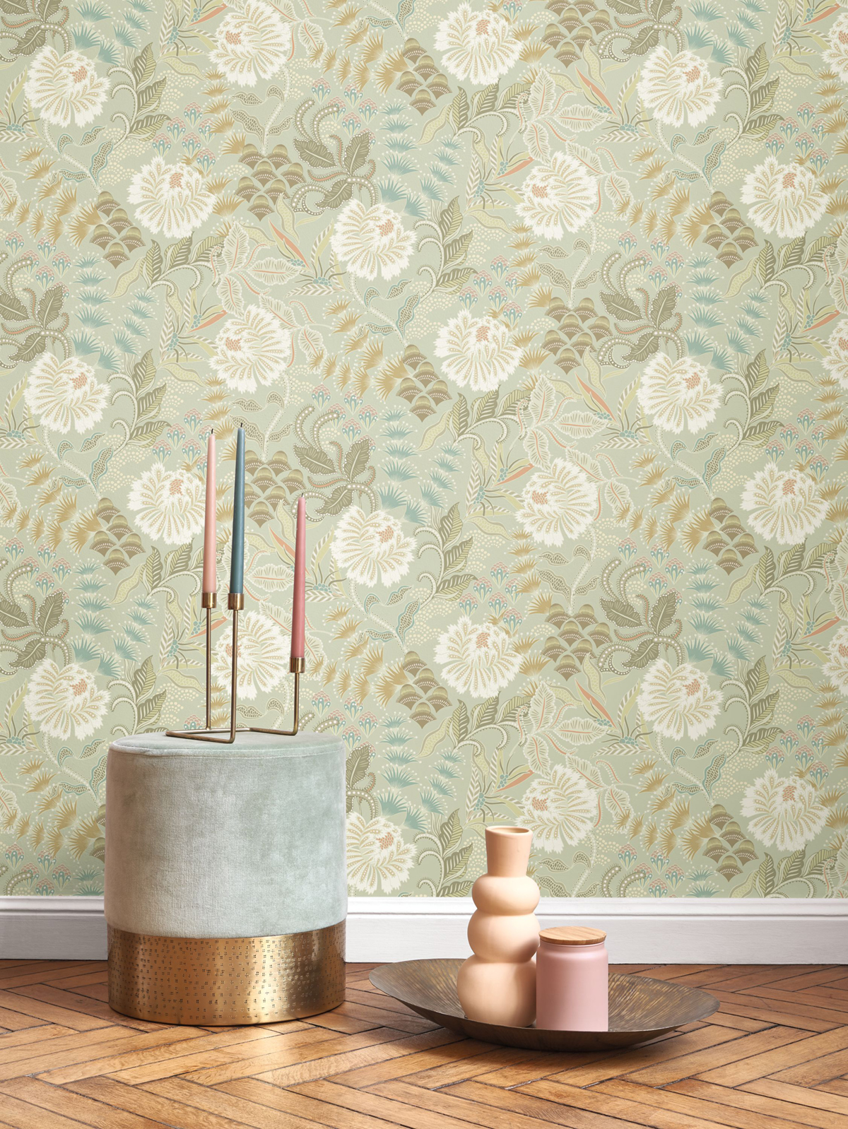 Papier peint Fleur Vintage Bloomsbury vert amande - Derby de Casadéco | Réf. DERB89287530