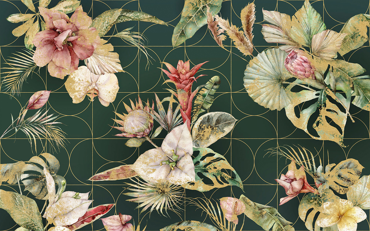 Papier peint panoramique Fleurs Golden Growth rose vert - Papier Peint Komar Infinity 2