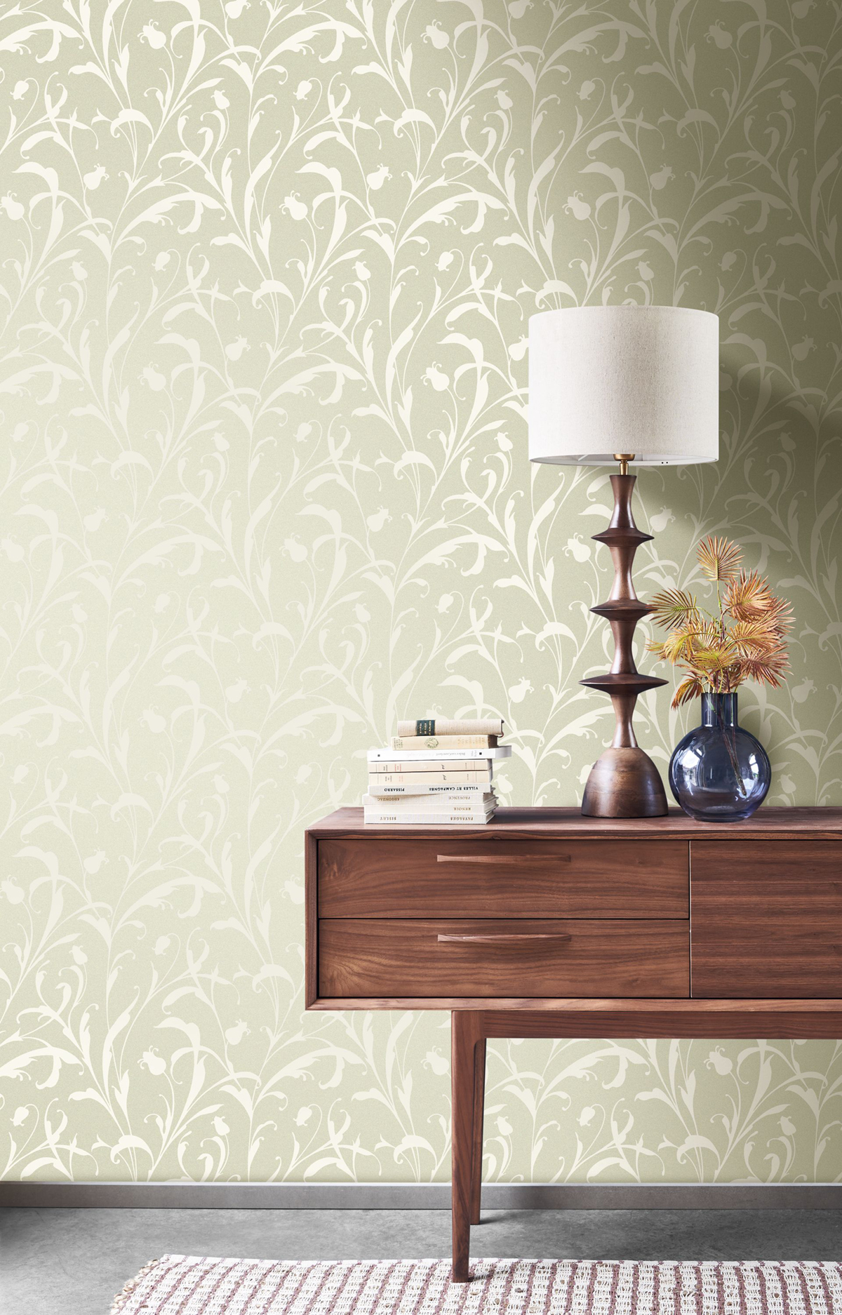 Papier peint Feuillages Arabesques Opaline vert amande nacré - Elixir de Casadéco AMB2 | Réf. EXIR202007129