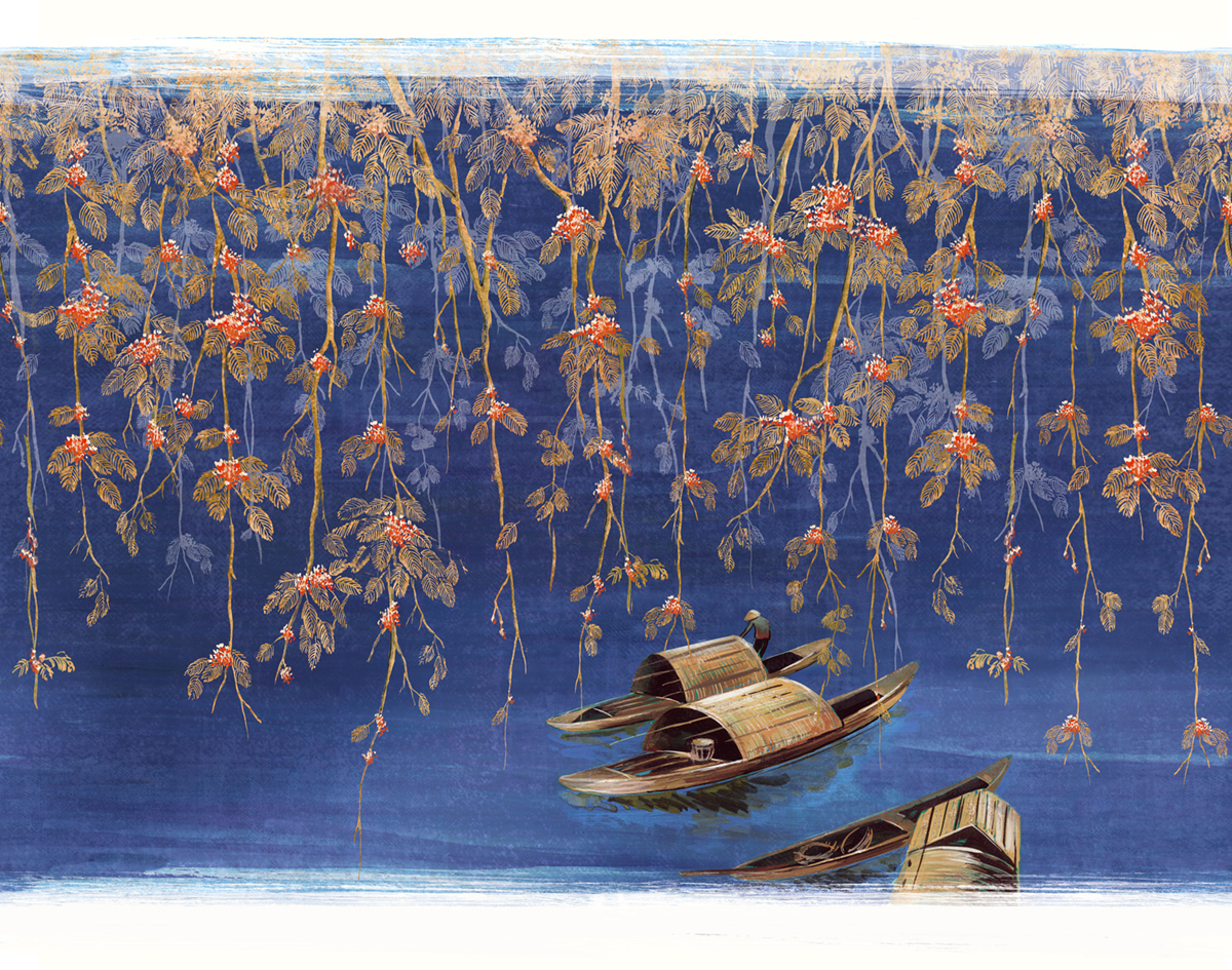 Papier peint panoramique Barque Japonaise River bleu marine - A, B et C H300 - Kimono de Masureel | Réf. MAS-DGKIM2033X