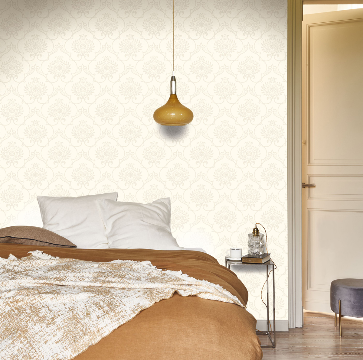 Papier peint Ornements Floraux Panache blanc nacré - Elixir de Casadéco AMB1 | Réf. EXIR202010160