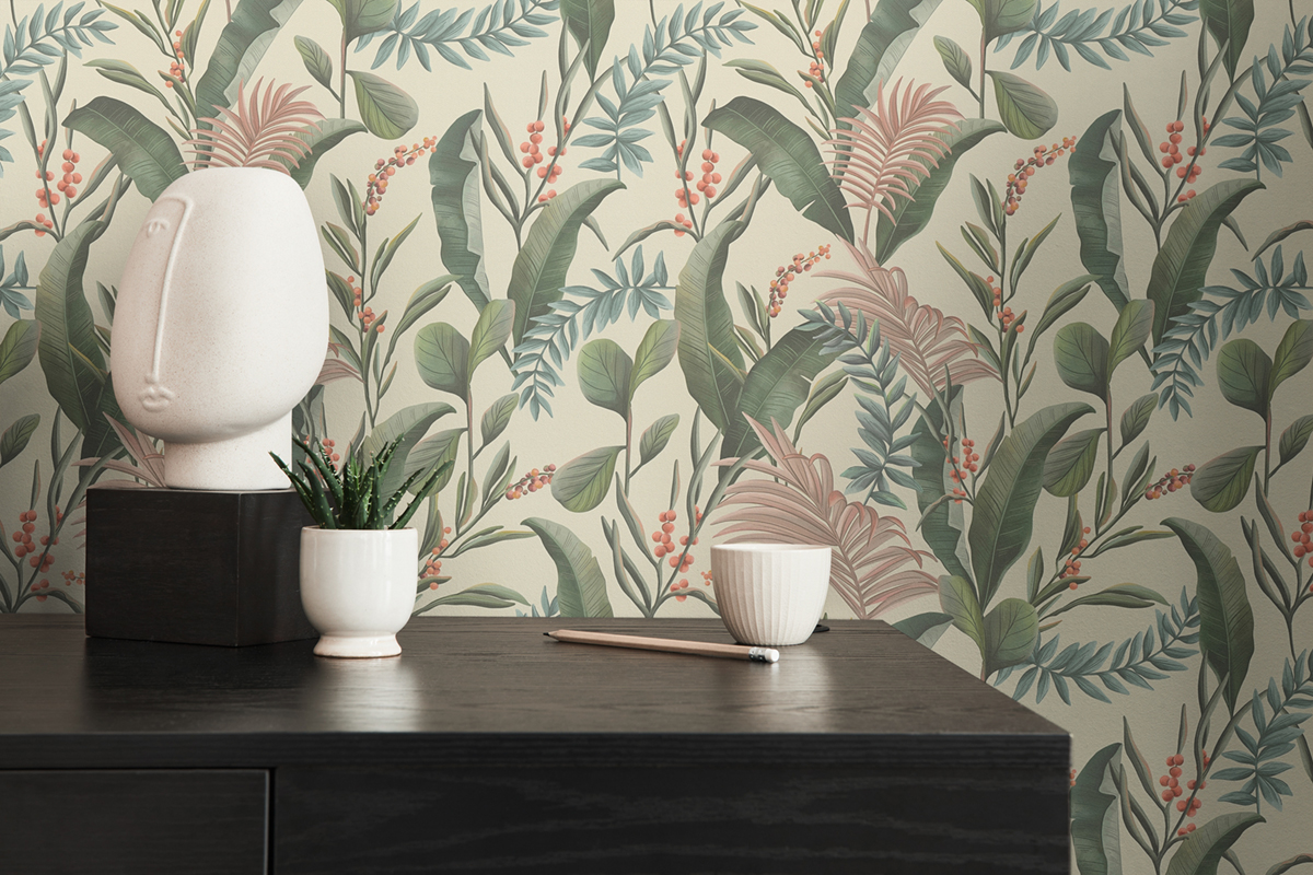 Papier peint Feuille Nature Tropical beige vert - Drawn Into Nature de Livingwalls AMB3| Réf. 39436-1