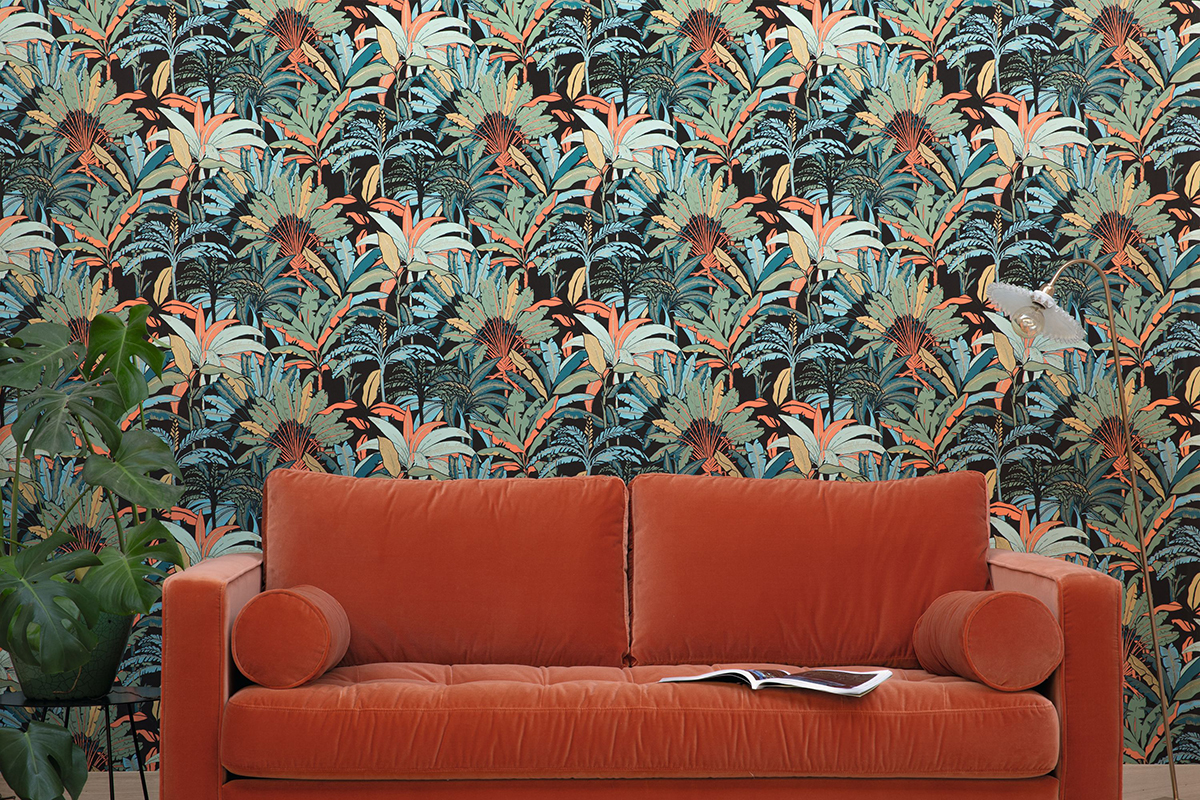 Papier peint Jungle Evasion noir corail - L'escapade de Casélio | Réf. EPA102307499