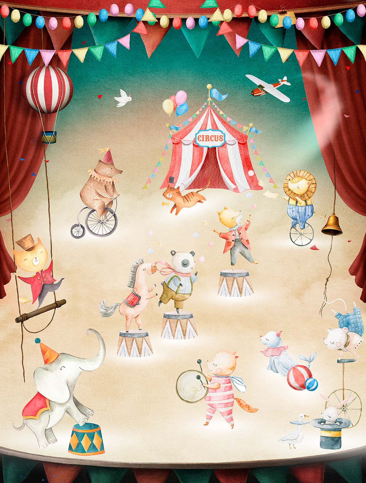 Papier peint panoramique Animaux Playing Circus multicouleurs - Farandole de Lutèce | Réf. LTC-CW6056-1