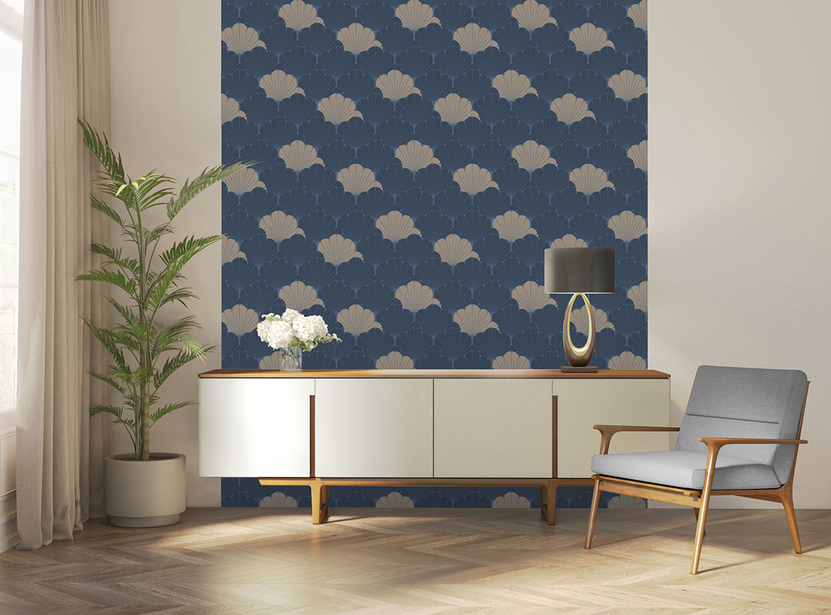 Papier Peint Ginkgo Art Déco bleu doré - Elégance d'Ugépa | Réf. UGP-M64001