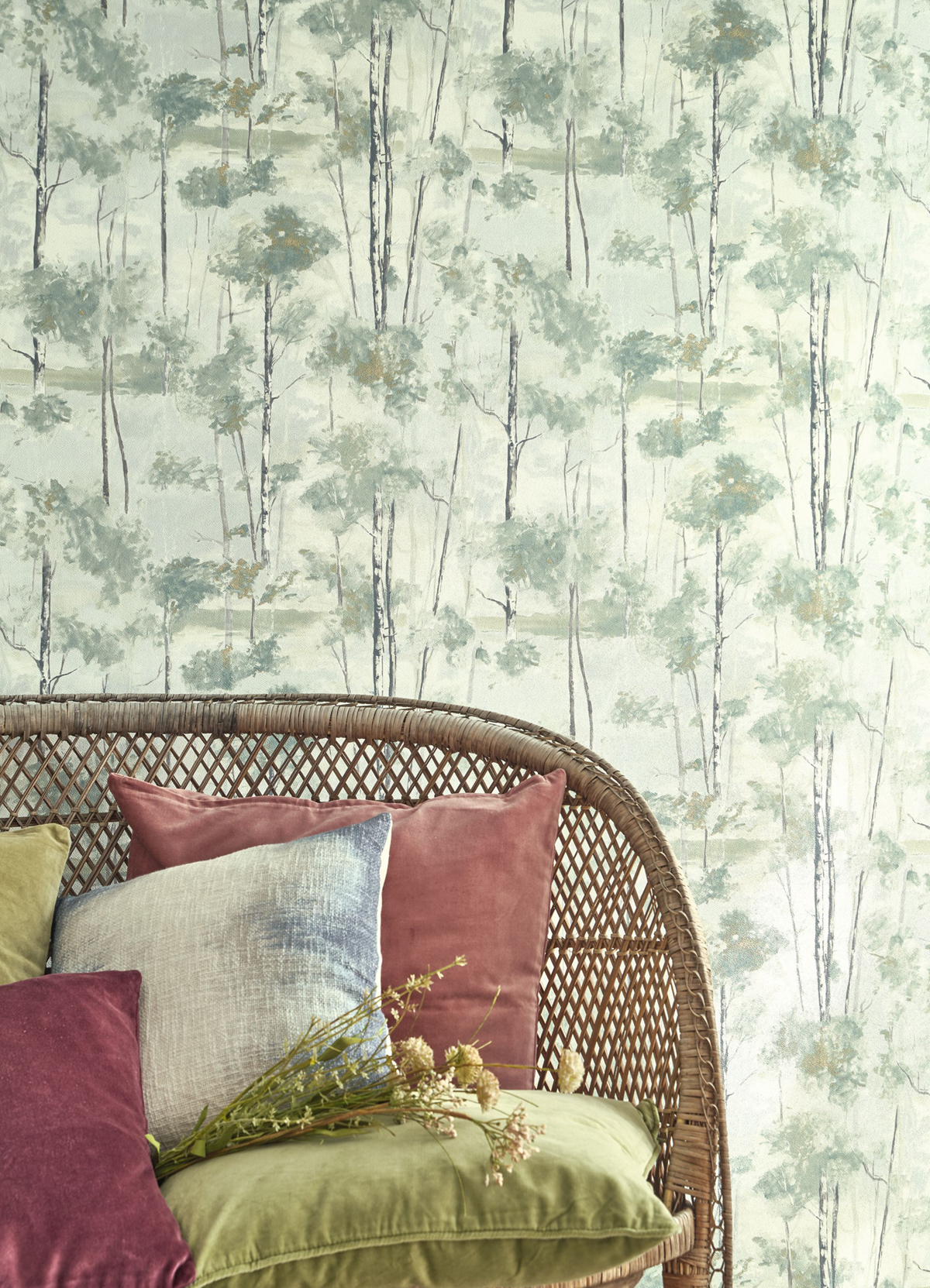 Papier peint Forêt Skandinavia vert eucalyptus doré - Riverside 4 de Casadéco AMB2 | Réf. RIVI89547720