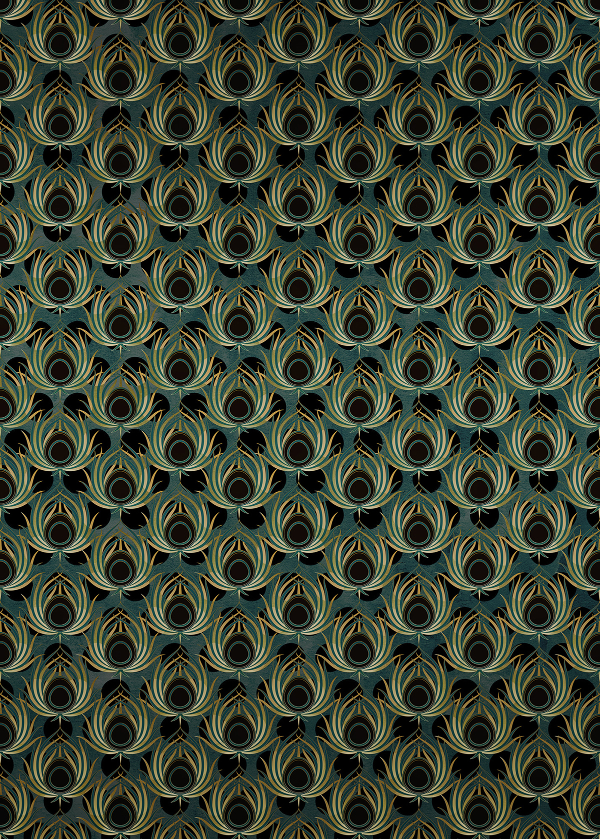 Papier peint panoramique Art déco Paon Vert - Papier peint Komar Heritage