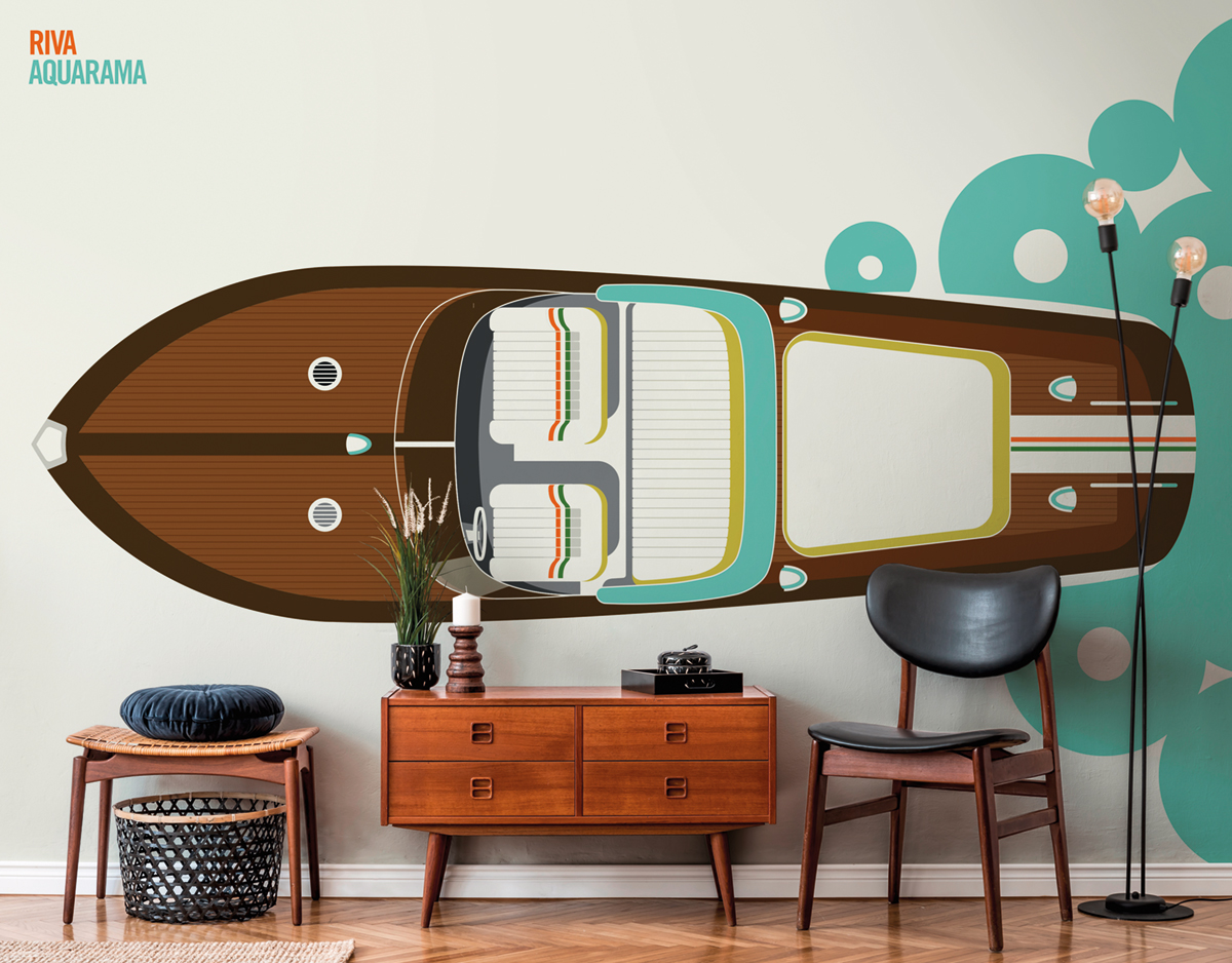 Papier peint panoramique Retro Pop Bateau Riva - Référence DD120145 - Intissé 200g/m2 - Standard 400 x 270