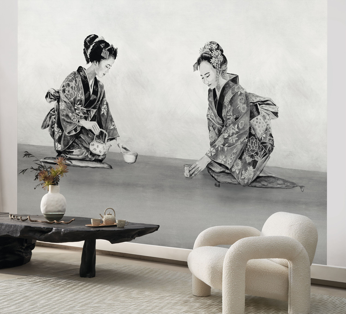 Papier peint panoramique Cérémonie du the noir fusain - Kyoto de Casadéco | Réf. KYTO88869360