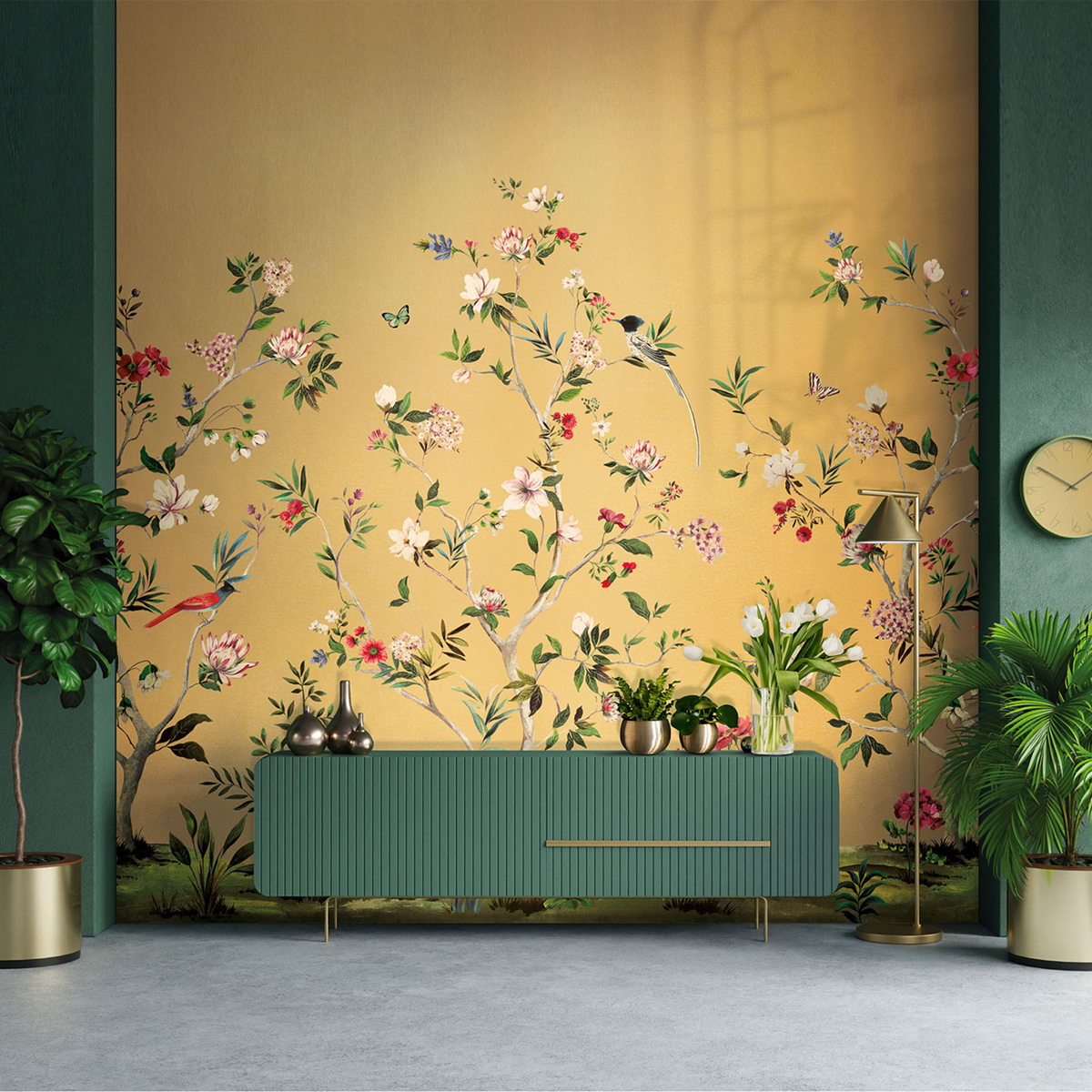 Papier peint panoramique Oiseaux Chinoiserie Magnolia doré - Daisy Bennett d'Initiales | Réf. INI-DB33603M