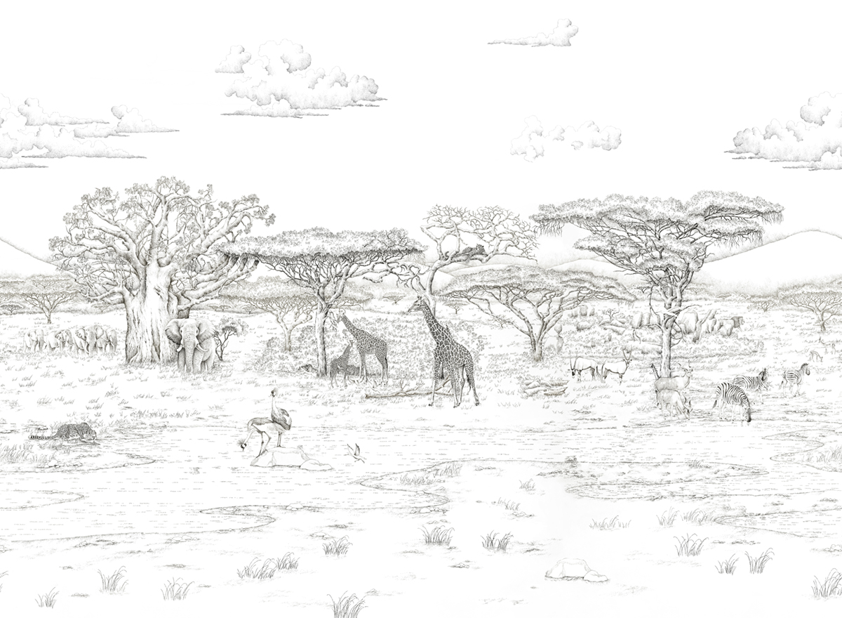 Papier peint panoramique Animaux Vallée du Rift Gris A+B+C - 1/2/3/4/5/6/7/8/9 - Isidore Leroy