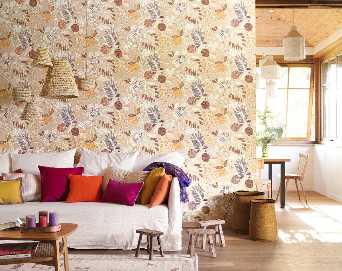 Papier peint Feuillage Palm Springs prune bleu beige - California de Casadéco | Réf. CALF88801414