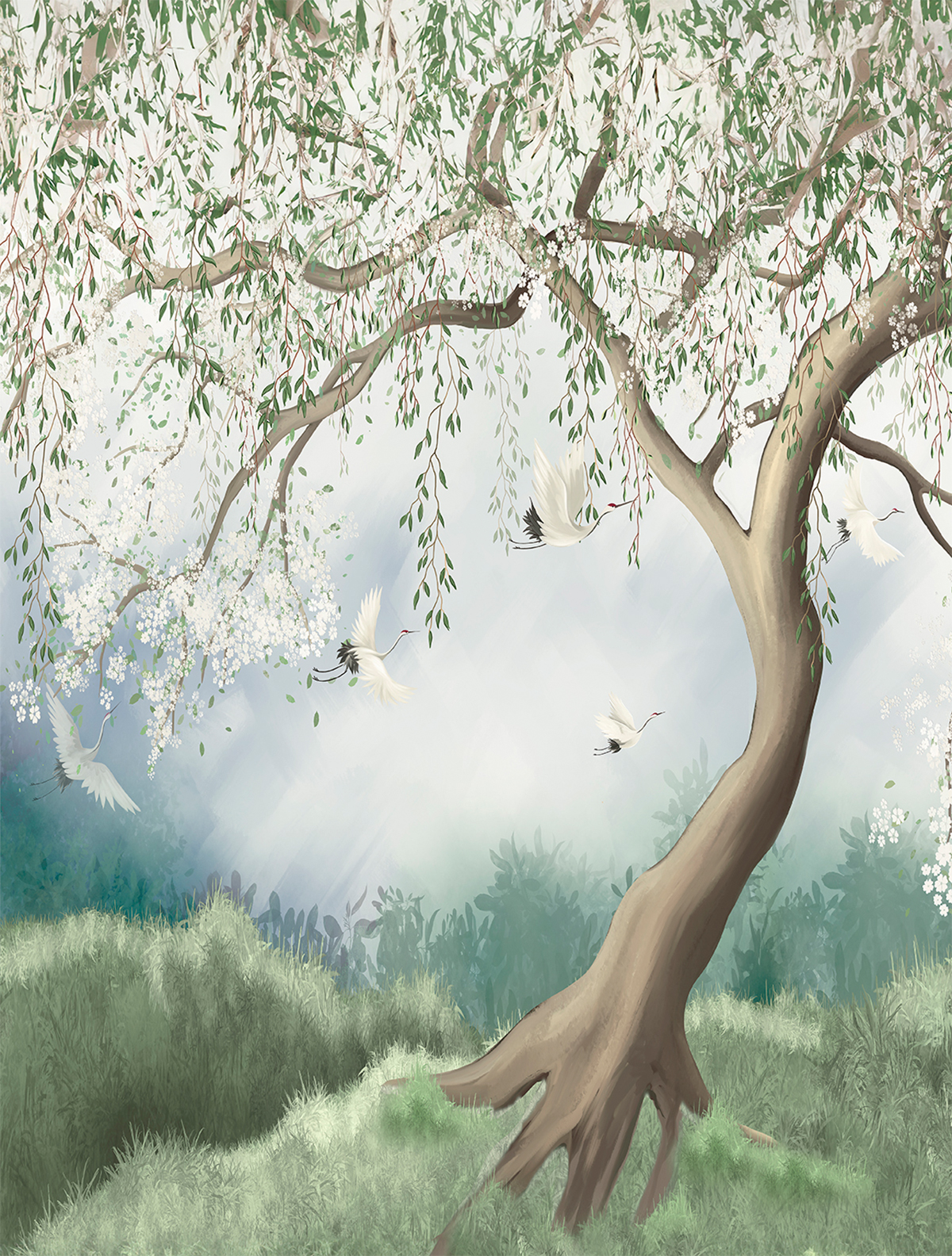 Papier peint panoramique Oiseau Weeping Willow bleu vert - Farandole de Lutèce | Réf. LTC-CW6051-1