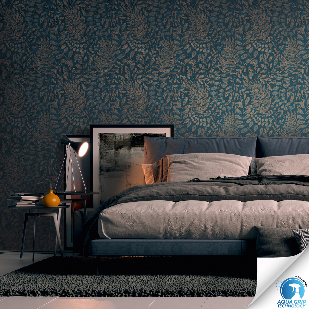 Papier peint préencollé Feuilles Details bleu pétrole doré - Designdrop d'A.S. Création AMB1 | Réf. AS-784951