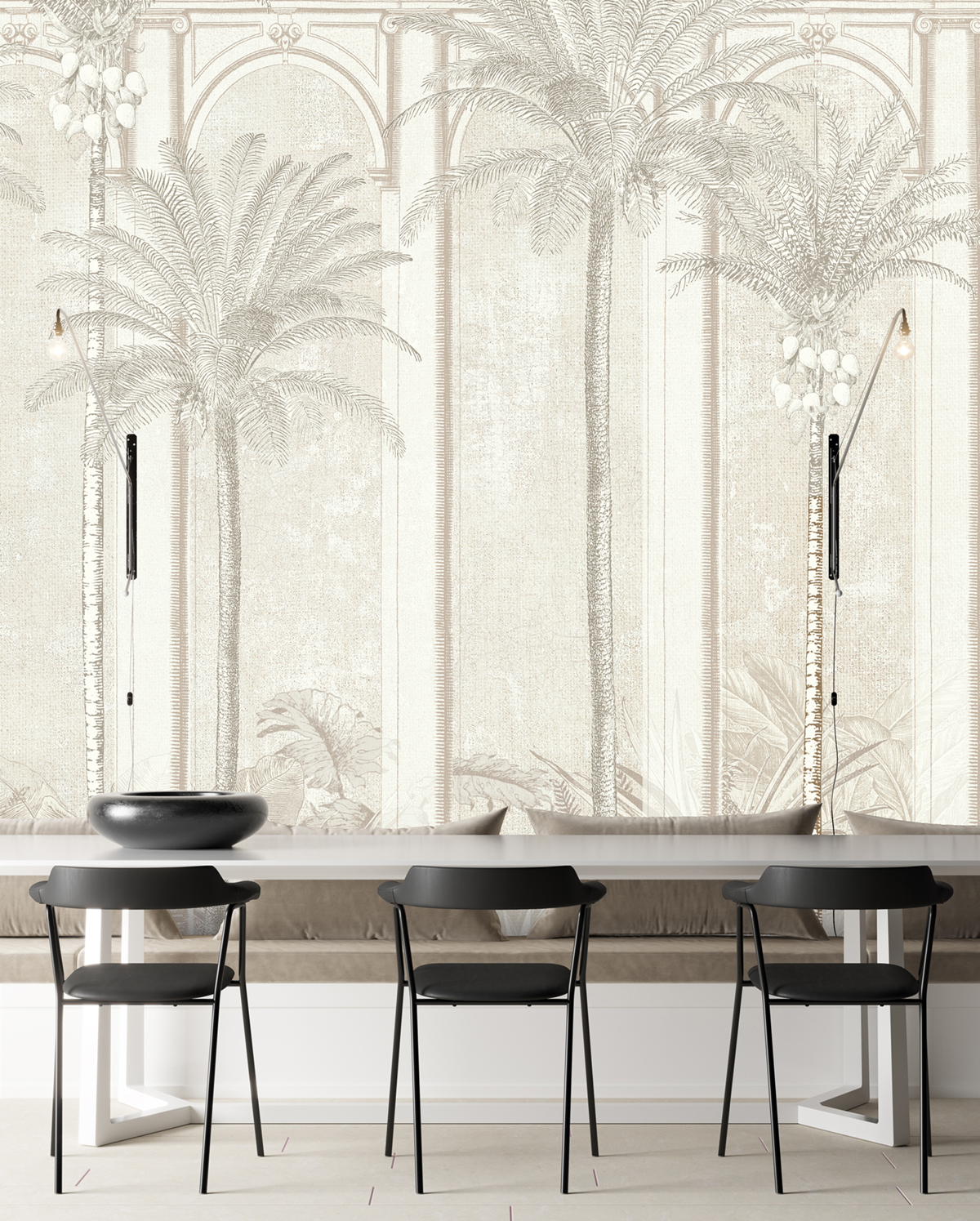 Papier peint panoramique Arcade Palmier Habana grège - B H300 - Havana de Masureel | Réf. MAS-DGHAV1012