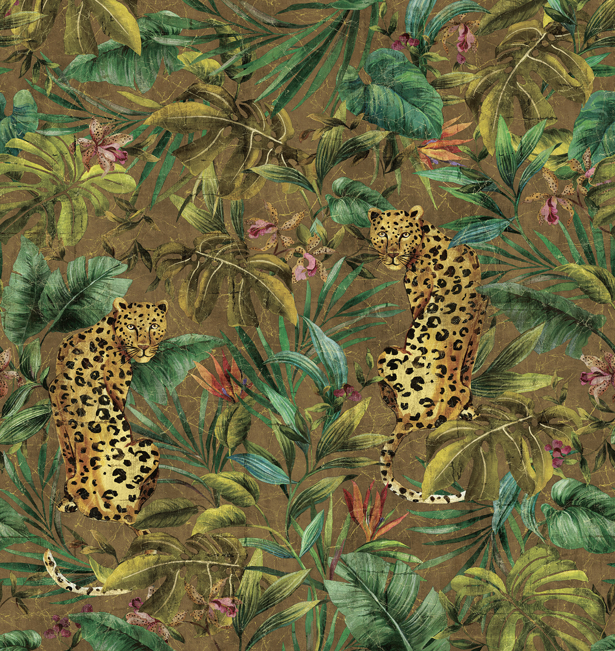 Papier peint panoramique Léopard Exotique Grasscloth brun doré - Daisy Bennett d'Initiales | Réf. INI-DB33206M