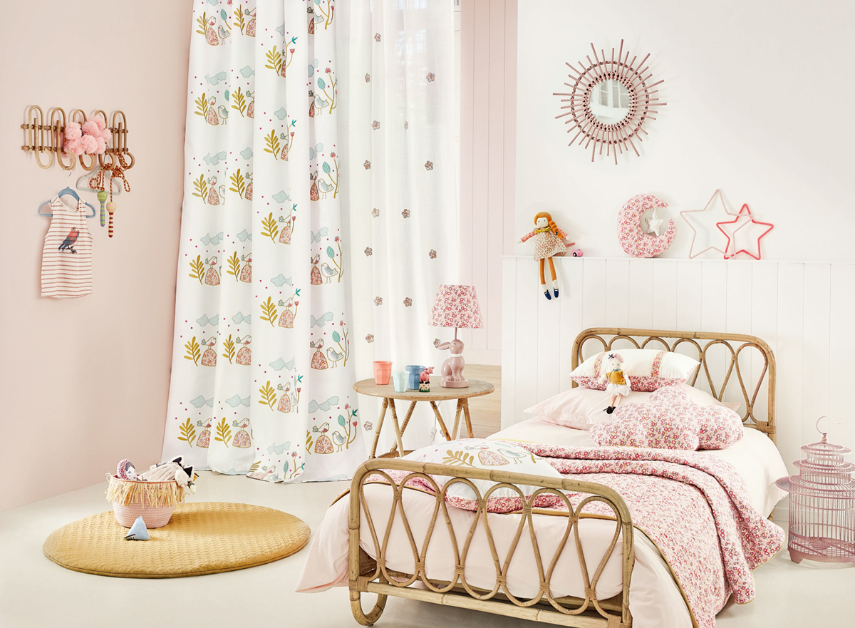 Tissu Oiseaux Rose & Jeanne blanc - Rose et Nino de Camengo AMB | Réf. CAM-45540147