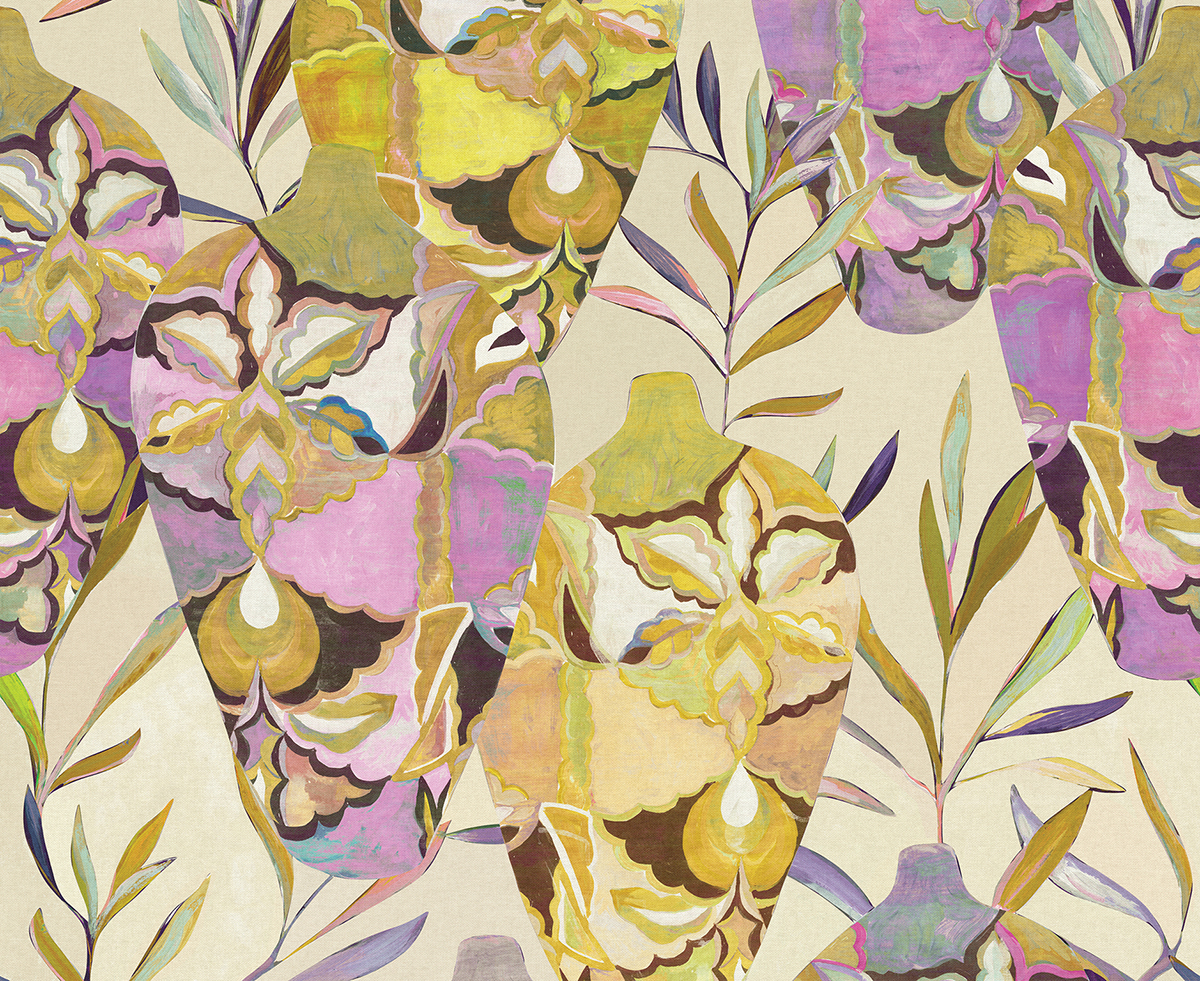 Papier peint panoramique Pot Fleuri Amphor jaune - A, B et C H260 - Wall Designs IV de Masureel | Réf. MAS-DG4AMP102X-260