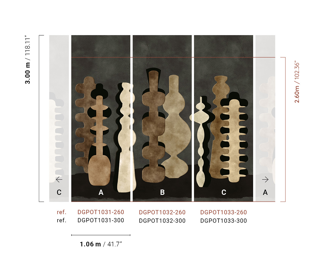 Papier peint panoramique Poterie Design noir marron - A, B et C H260 - Terra de Masureel | Réf. MAS-DGPOT103X-260