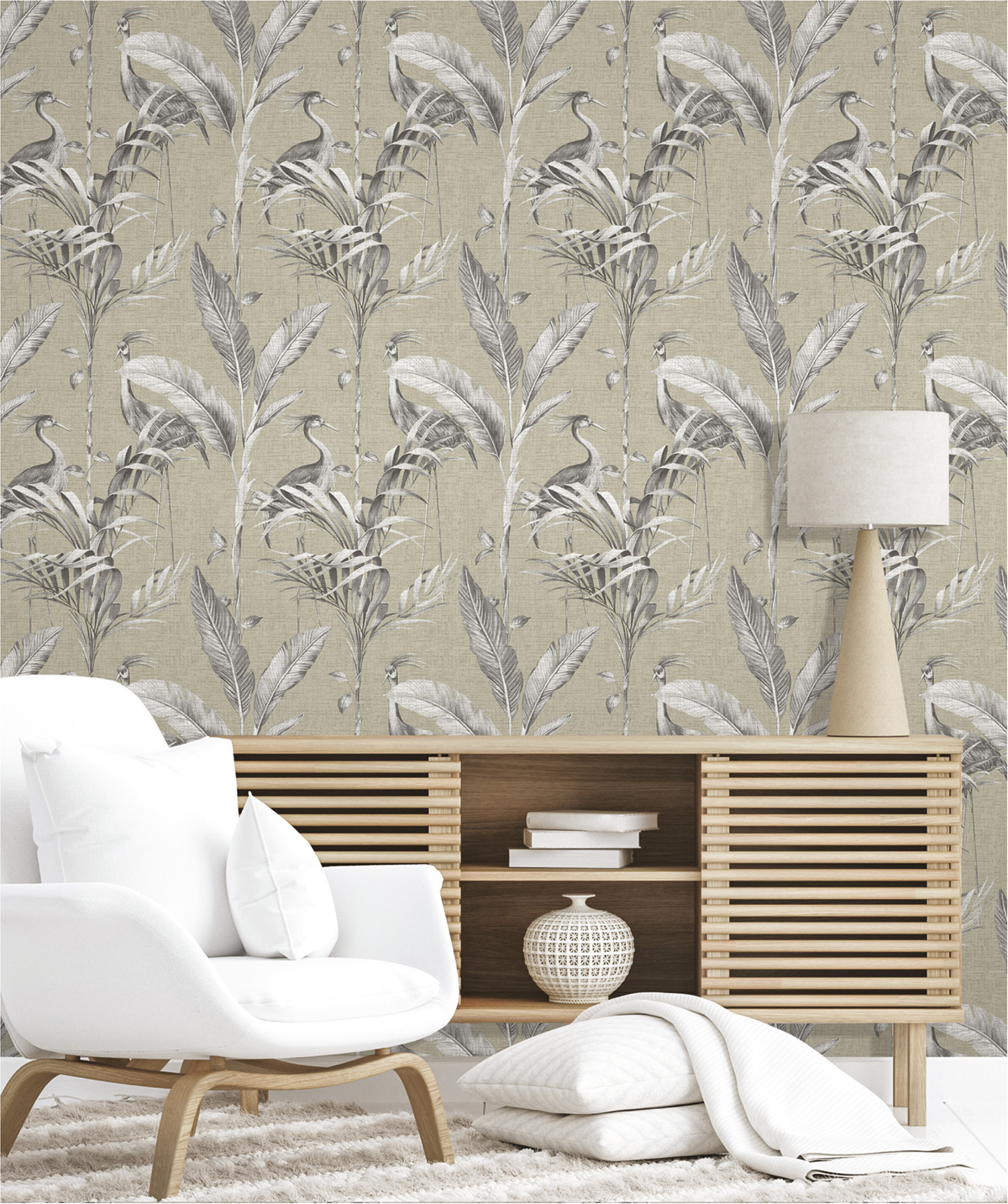 Papier peint Oiseau Grue beige lin - Les Essentiels de Lutèce | Réf. LTC-11250407