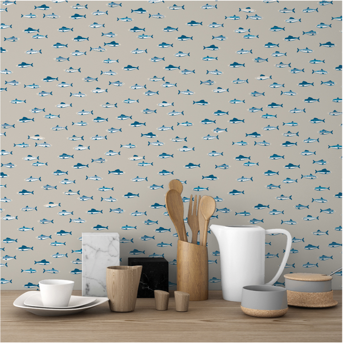 Papier peint Poisson Sardine bleu foncé beige - Cuisines & Bains de Lutèce | Réf. LTC-51231207